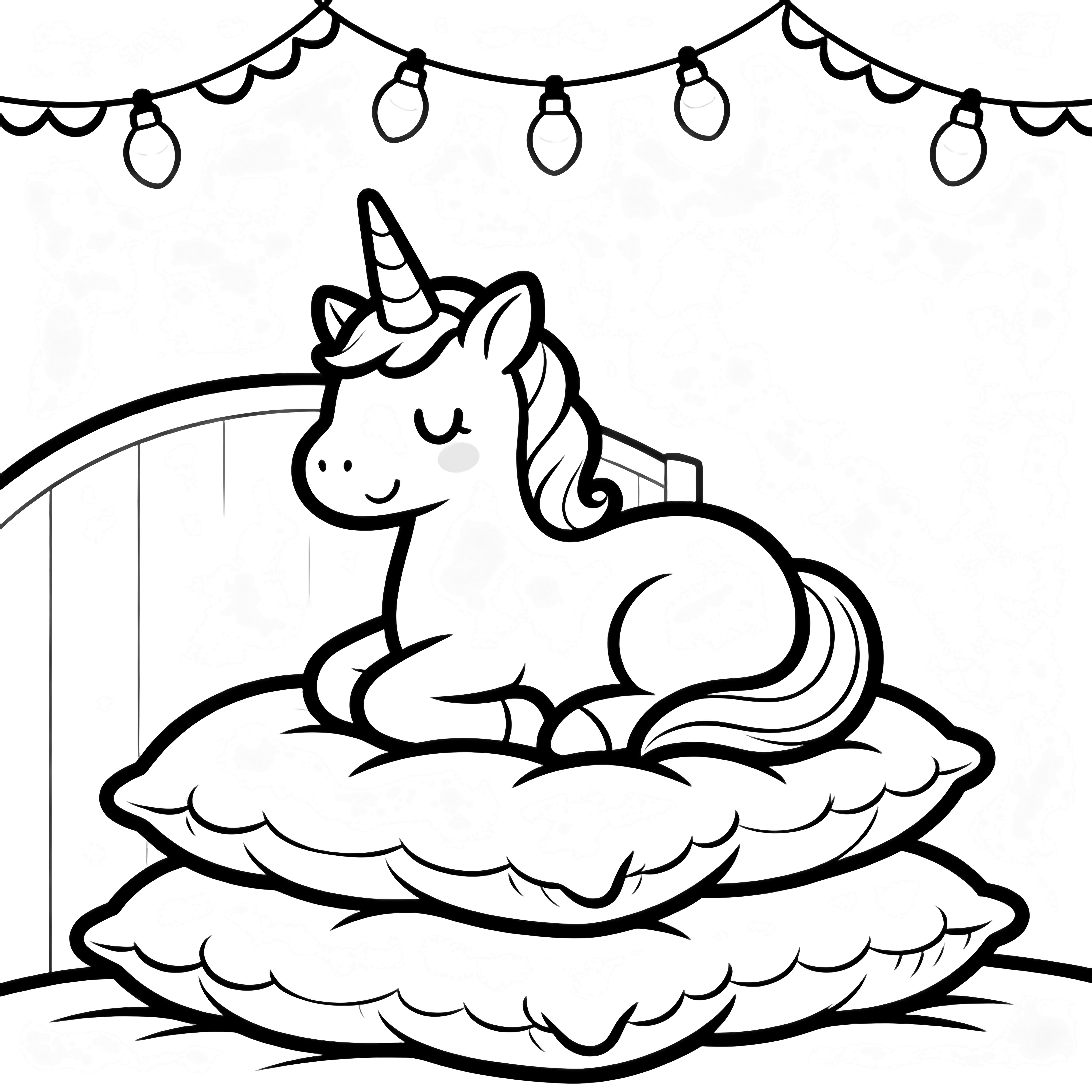 A smiling unicorn curls on three fluffy pillows beneath five dangling fairy-light strings. kleurplaat