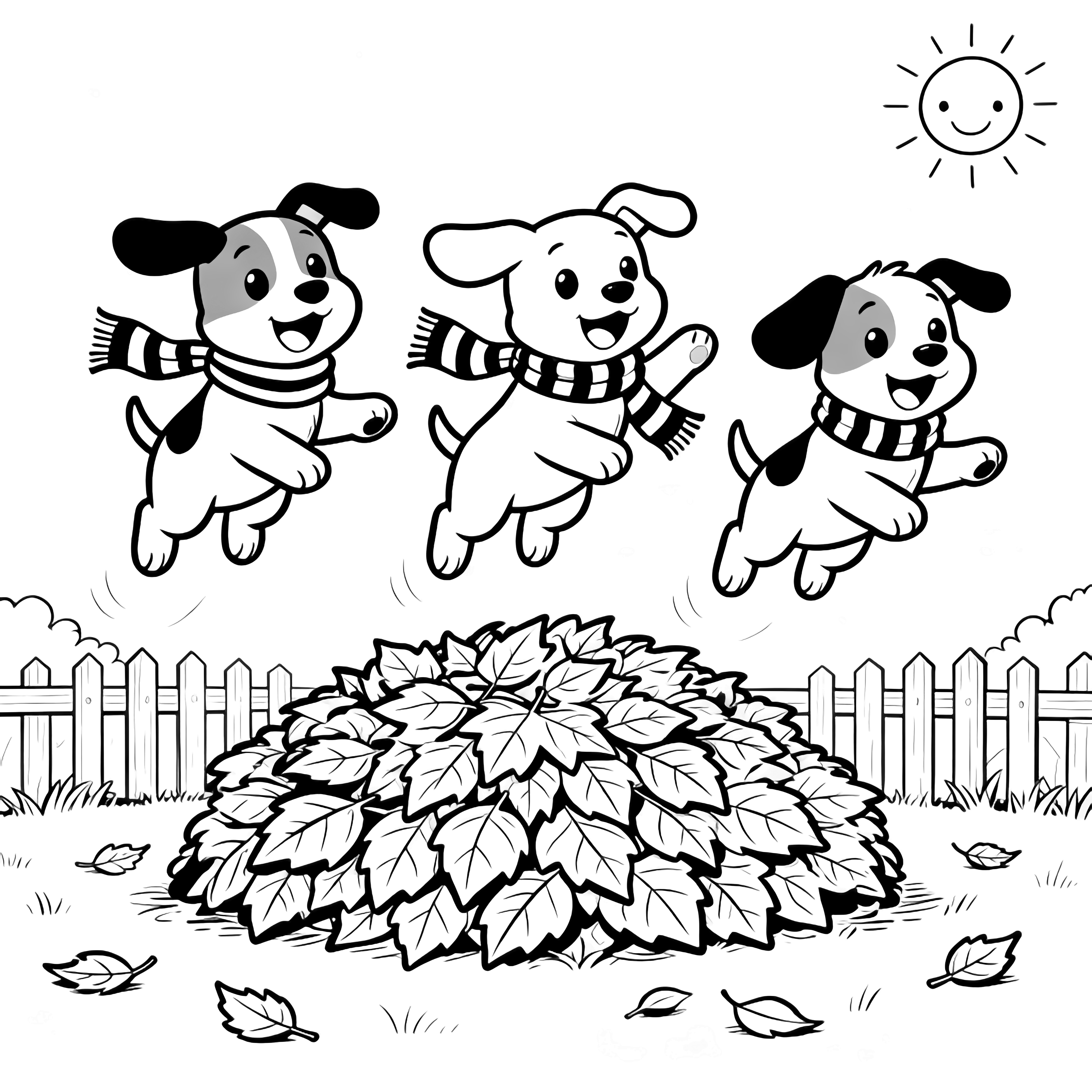 Three playful puppies leap above a pile of autumn leaves, their striped scarves fluttering, with a fence, scattered leaves, and a smiling sun behind them. kleurplaat