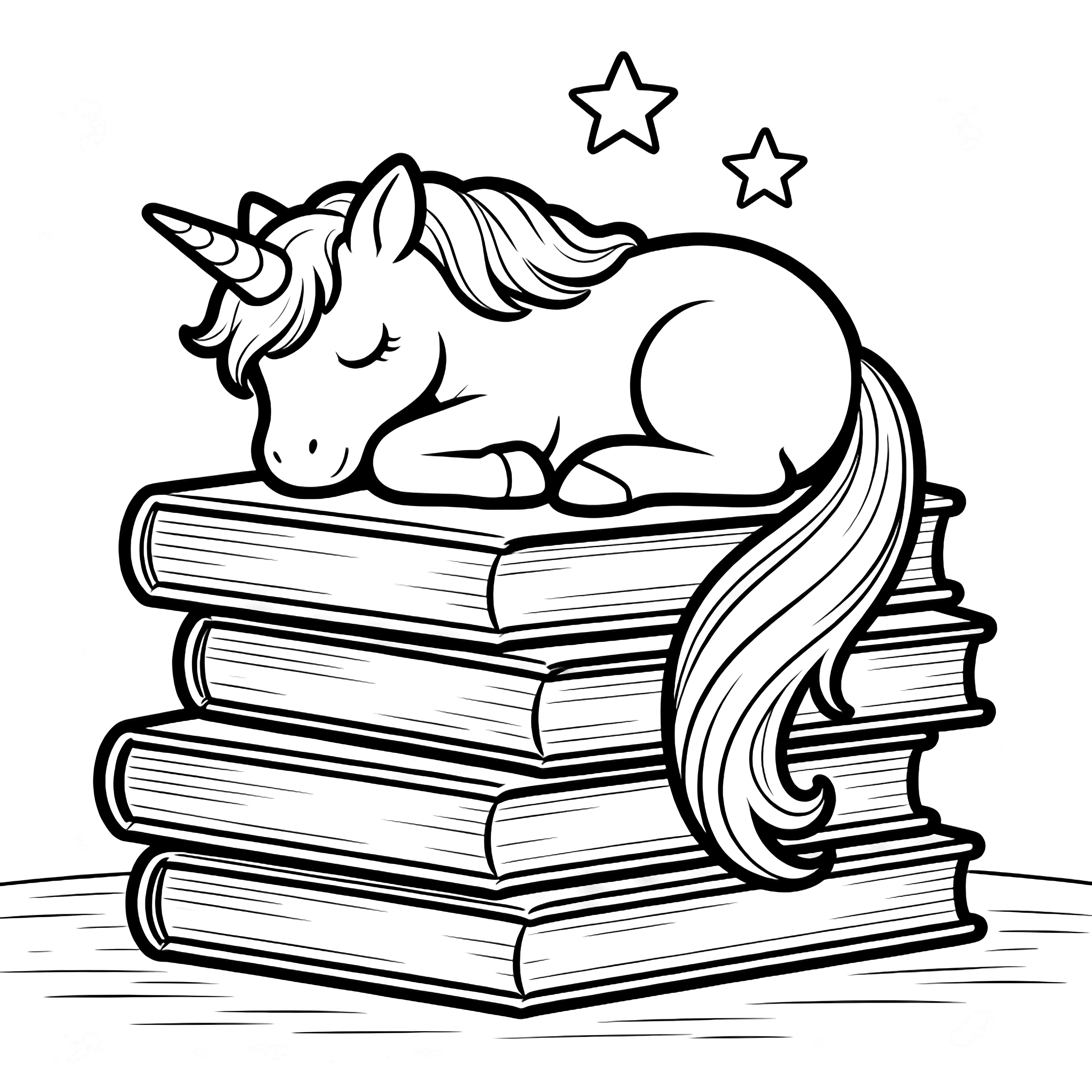 A sleeping unicorn rests on a tower of open books, tail hanging down, mane flowing, with tiny stars drifting above. kleurplaat