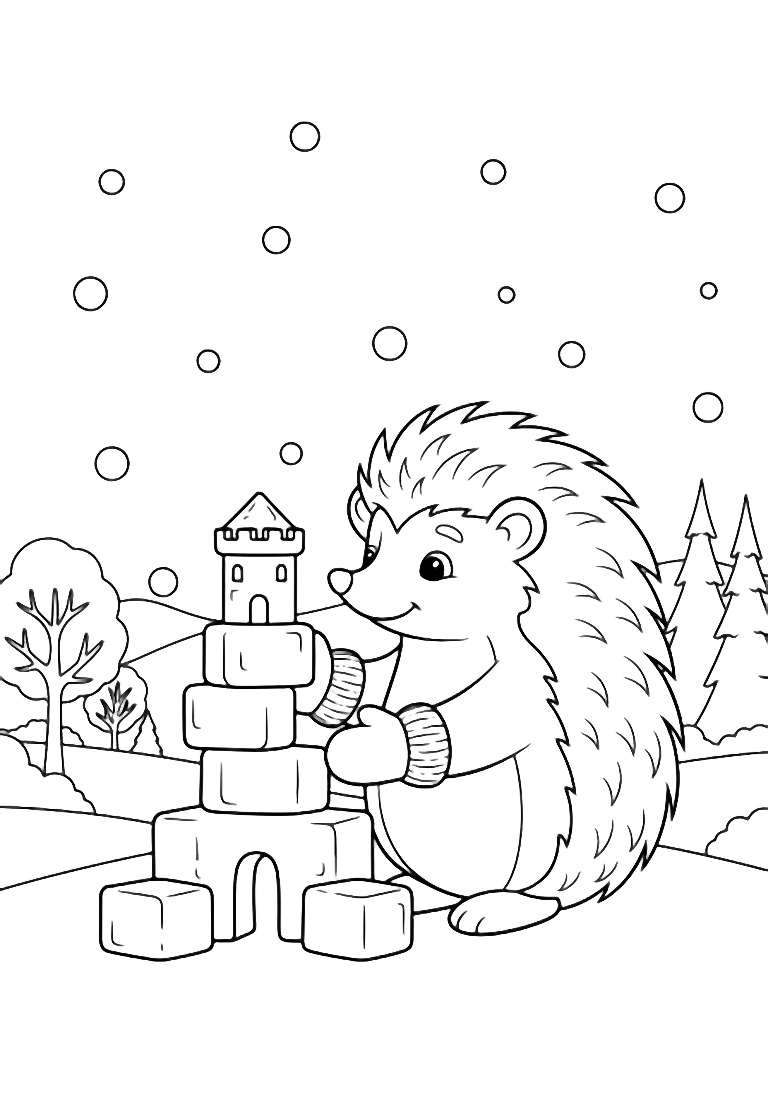 A smiling hedgehog in mittens builds a snow castle; gentle snowflakes drift above rounded trees and rolling hills. kleurplaat