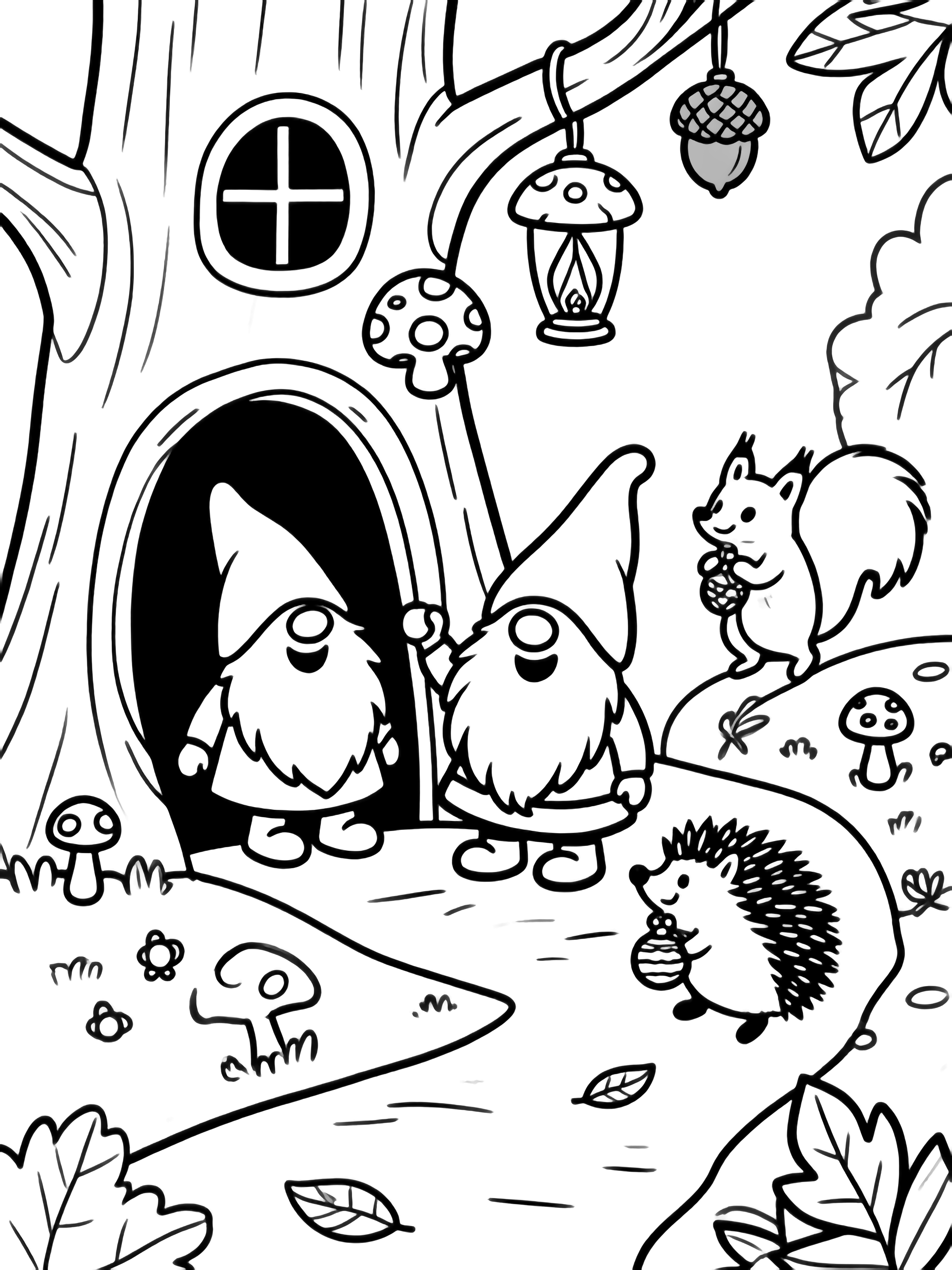 illustration on a Three cheerful gnomes hang acorns mushrooms and lanterns outside hollow tree homes while a fox squirrel and hedgehog carry more ornaments along simple forest paths with fluffy leaves and toadstools all outlined in bold black on white clean black kleurplaat