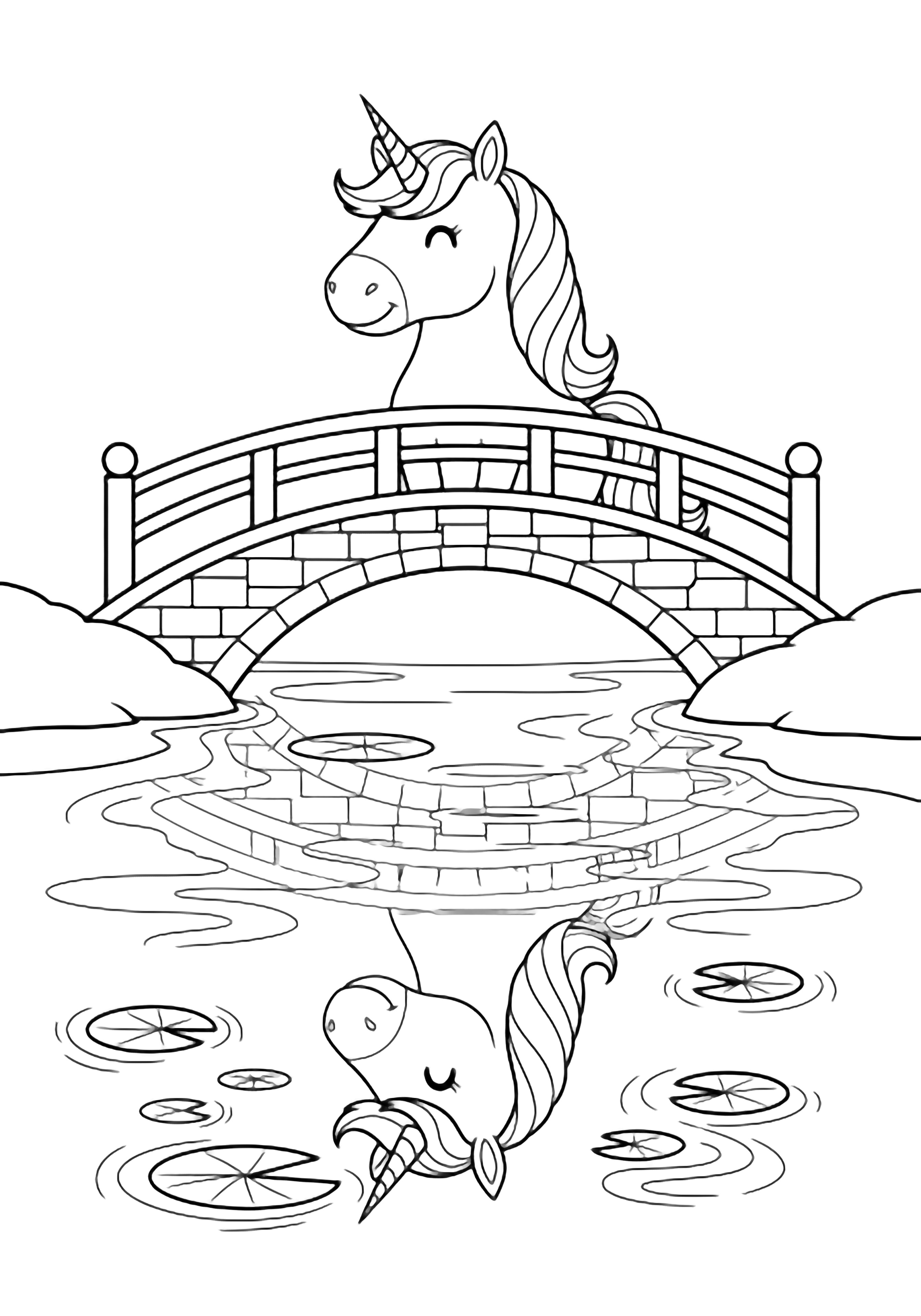 A smiling unicorn on a stone bridge, its mane flowing; below, its reflection drifts among lily pads on calm water. kleurplaat