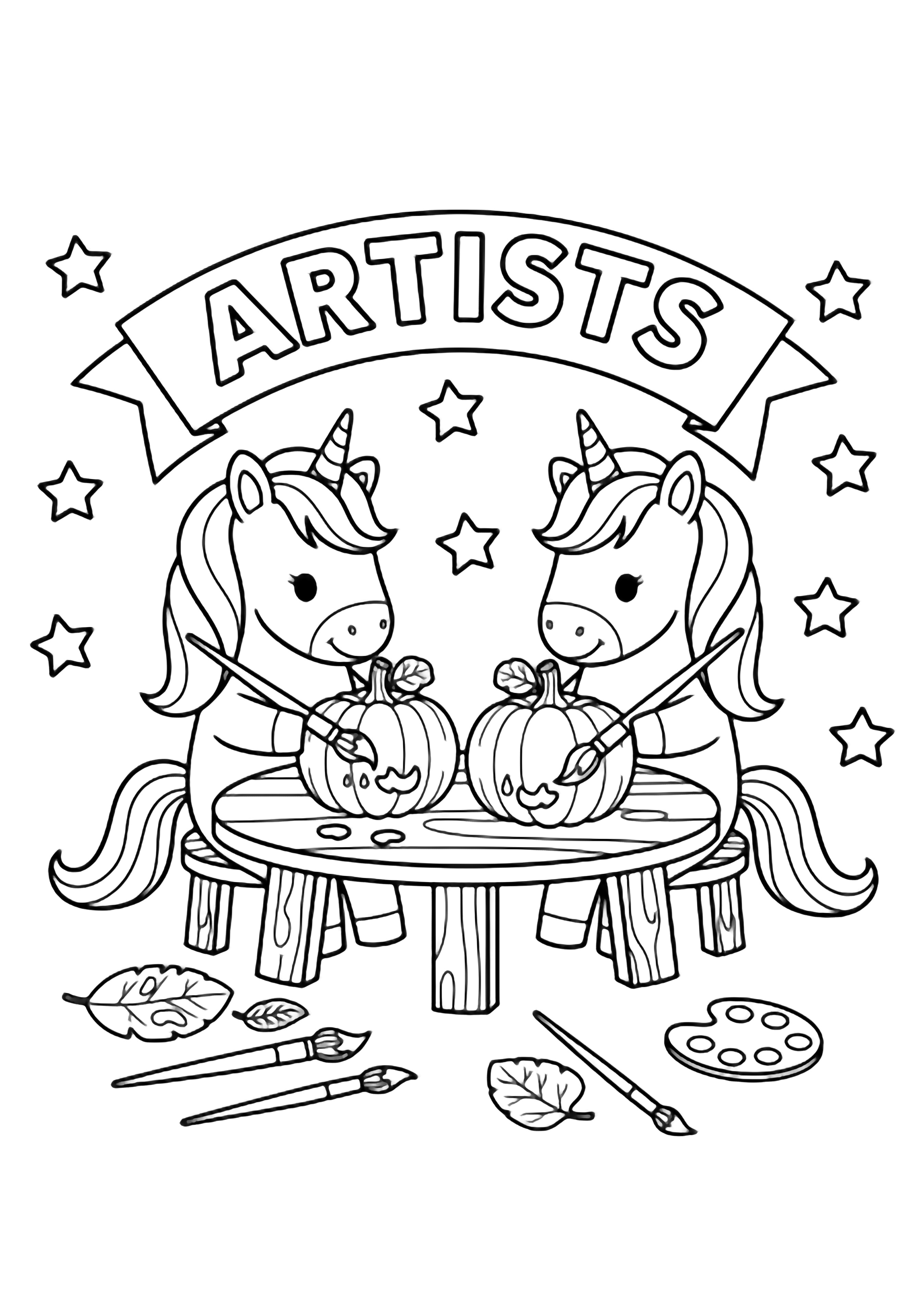 Two smiling unicorns sit at a small wooden table, each holding a brush over a pumpkin, with extra brushes and open leaves nearby, framed by stars and a curved "ARTISTS" banner. kleurplaat