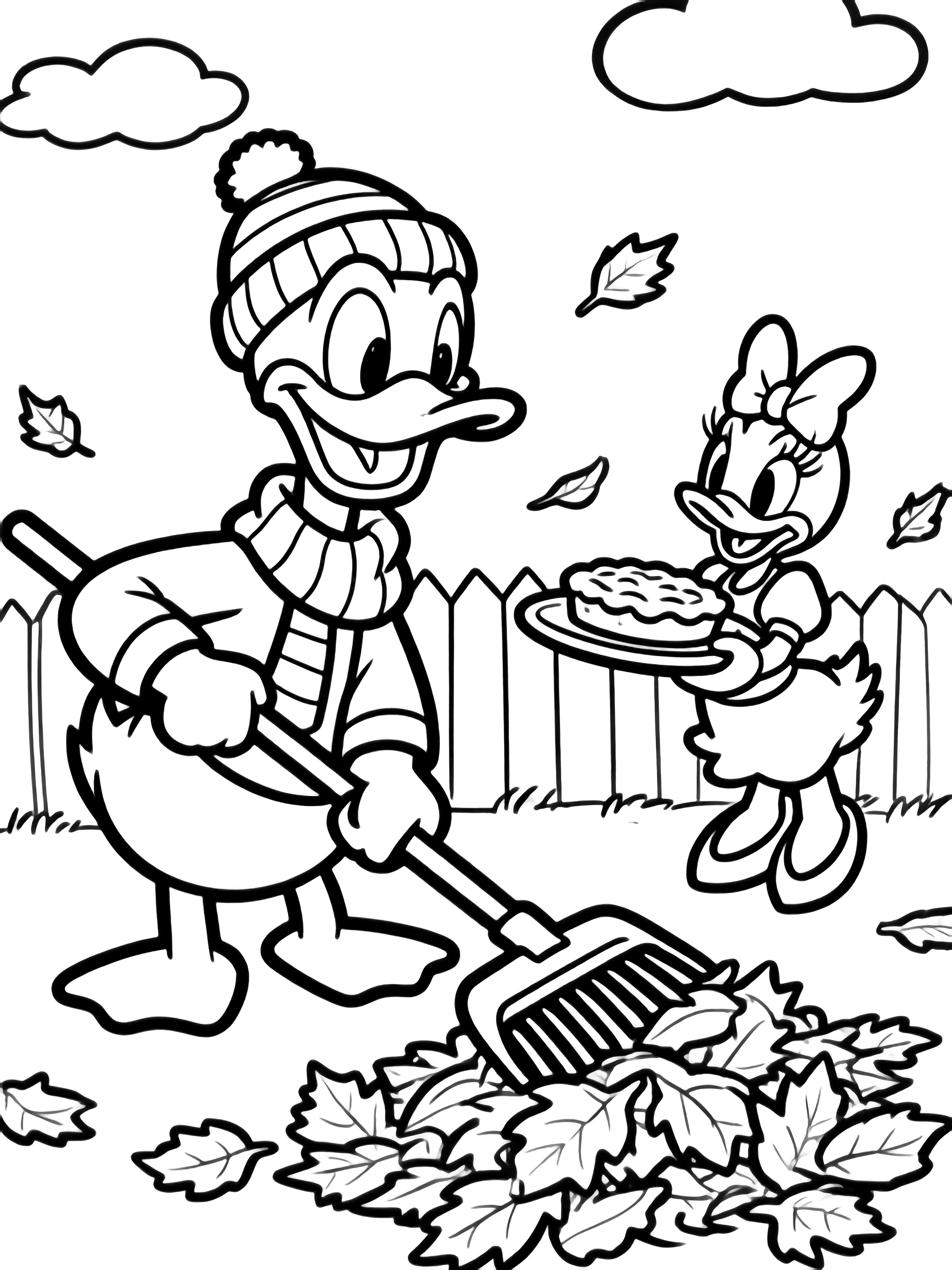 Donald Duck rakes leaves while Daisy arrives with a pie near a cottage fence under drifting clouds. kleurplaat