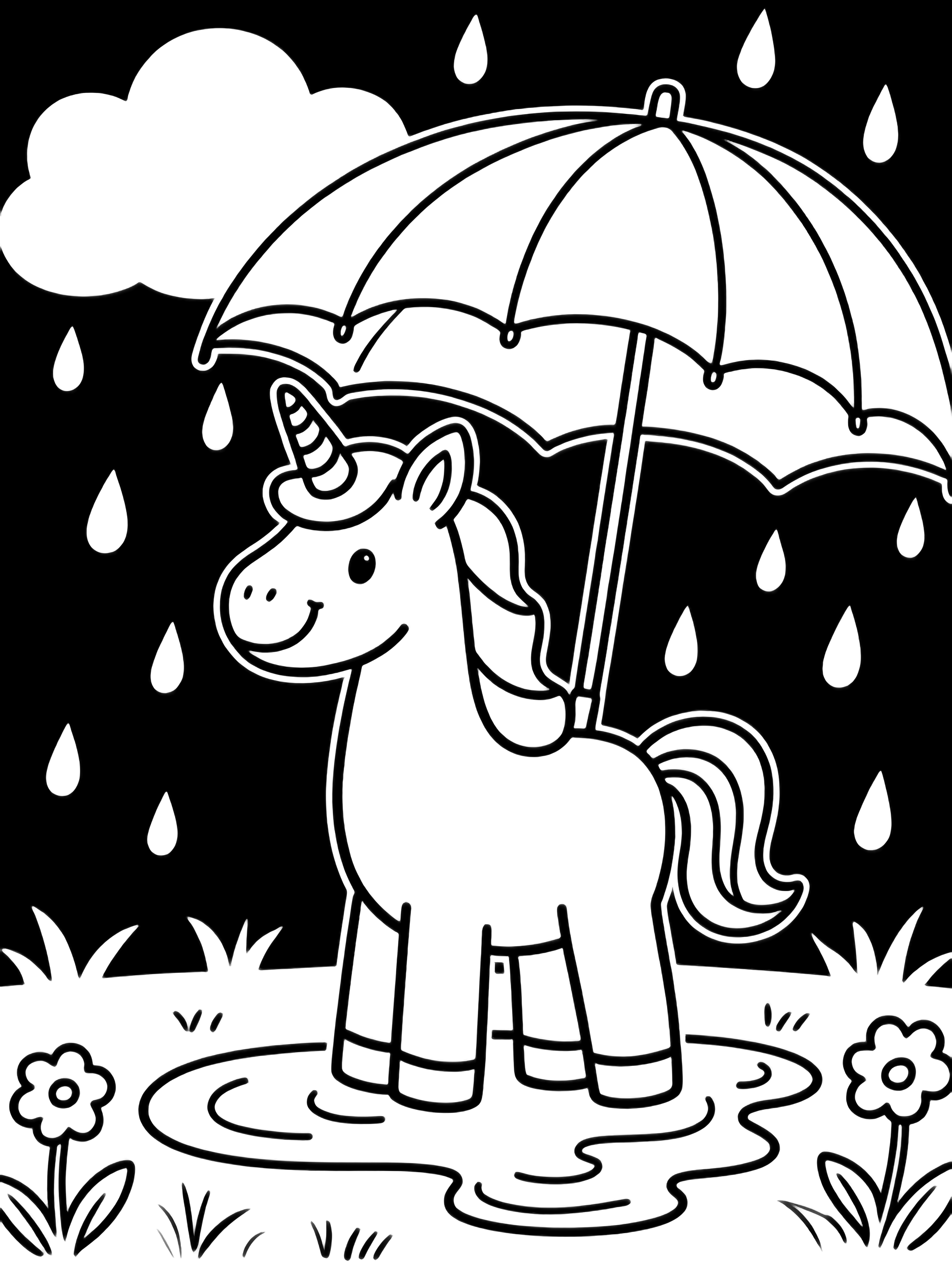 A cheerful unicorn stands beneath a broad umbrella while raindrops fall; simple clouds float above puddles and sparse grass and flowers. kleurplaat