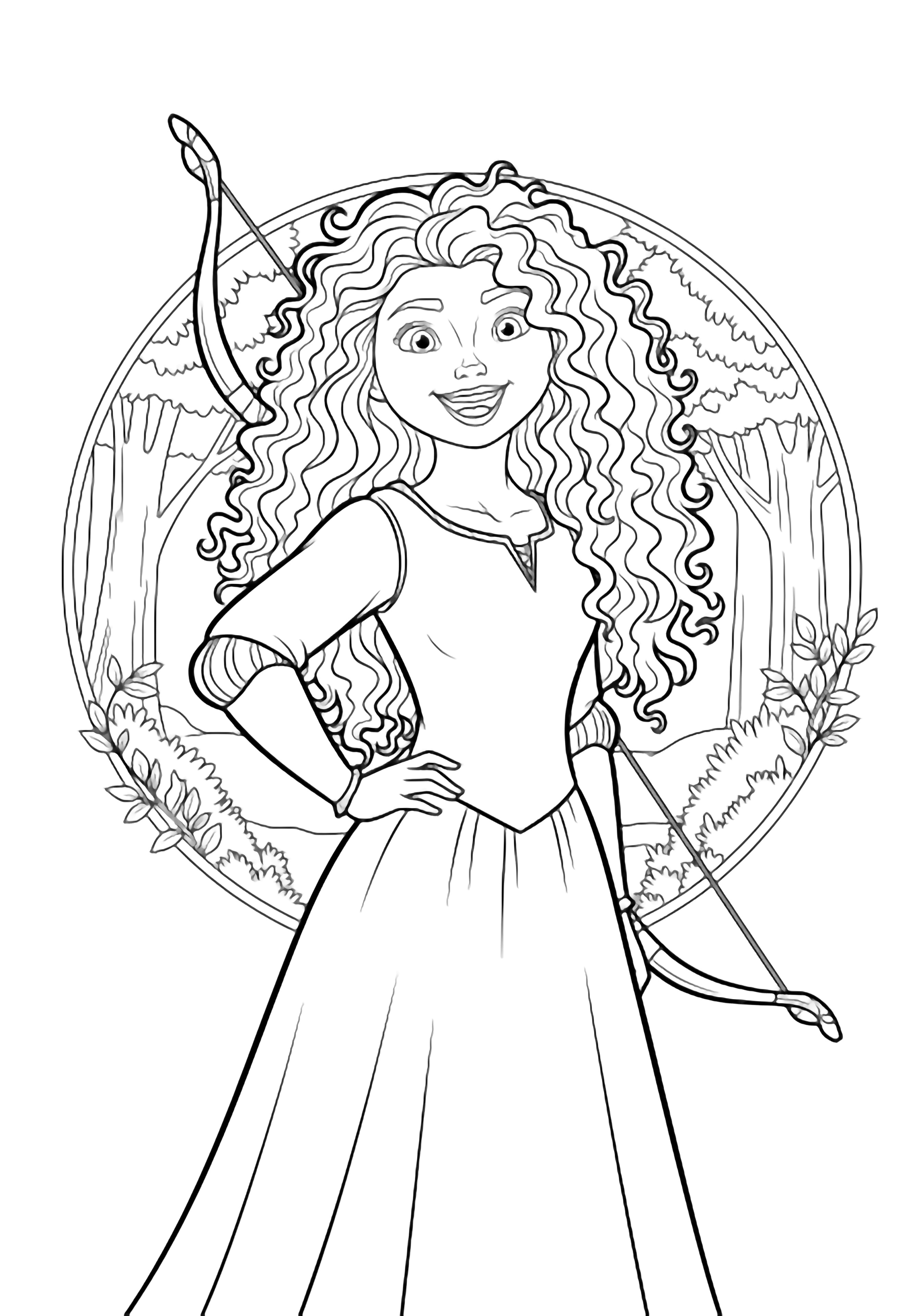 Merida stands joyfully in a forest clearing, curly hair flowing, hand on hip, bow across her back. kleurplaat