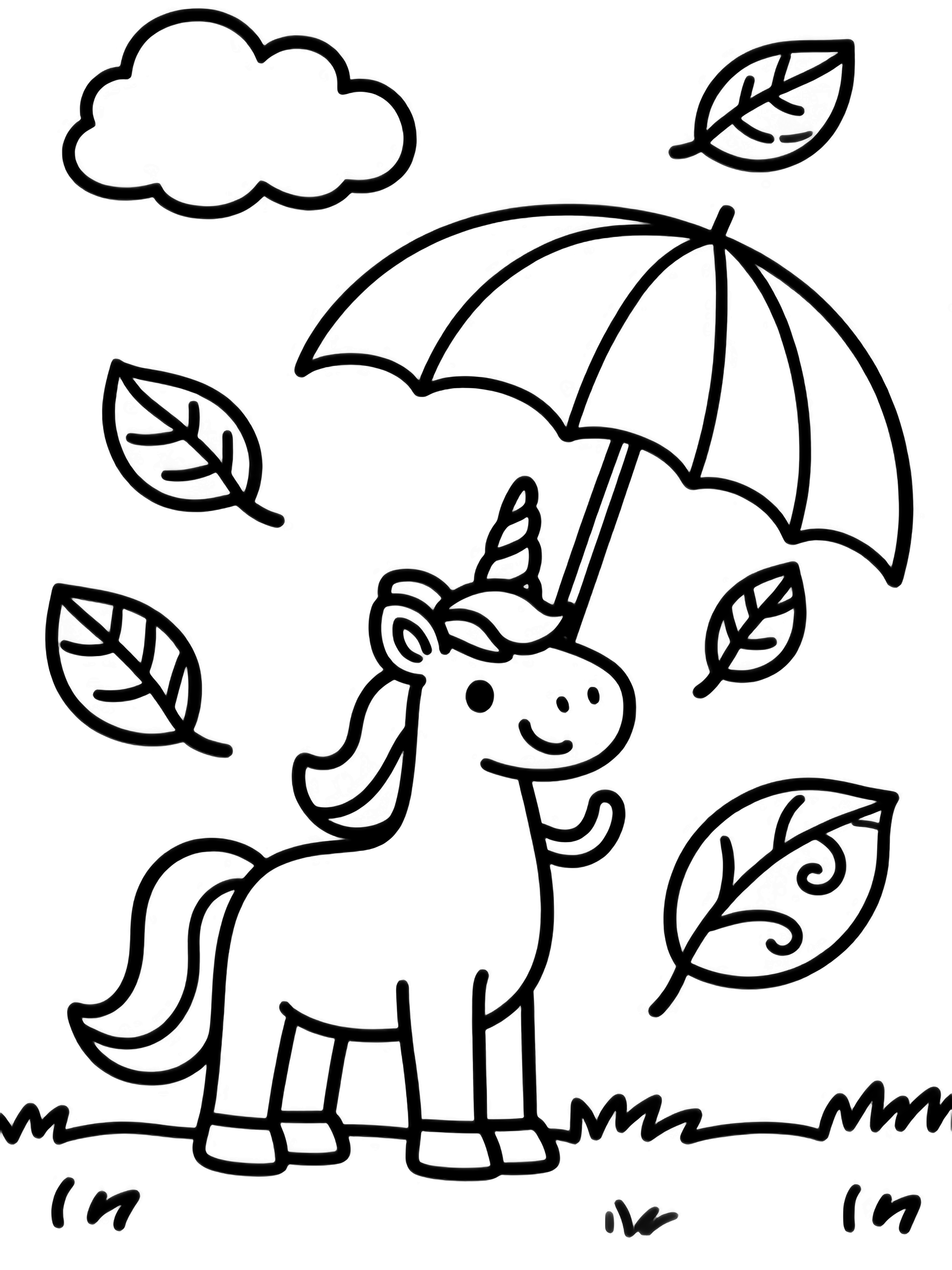 A smiling unicorn stands under a huge umbrella while six swirling leaves drift around, a puffy cloud floats above, and a simple grass line borders the scene. kleurplaat