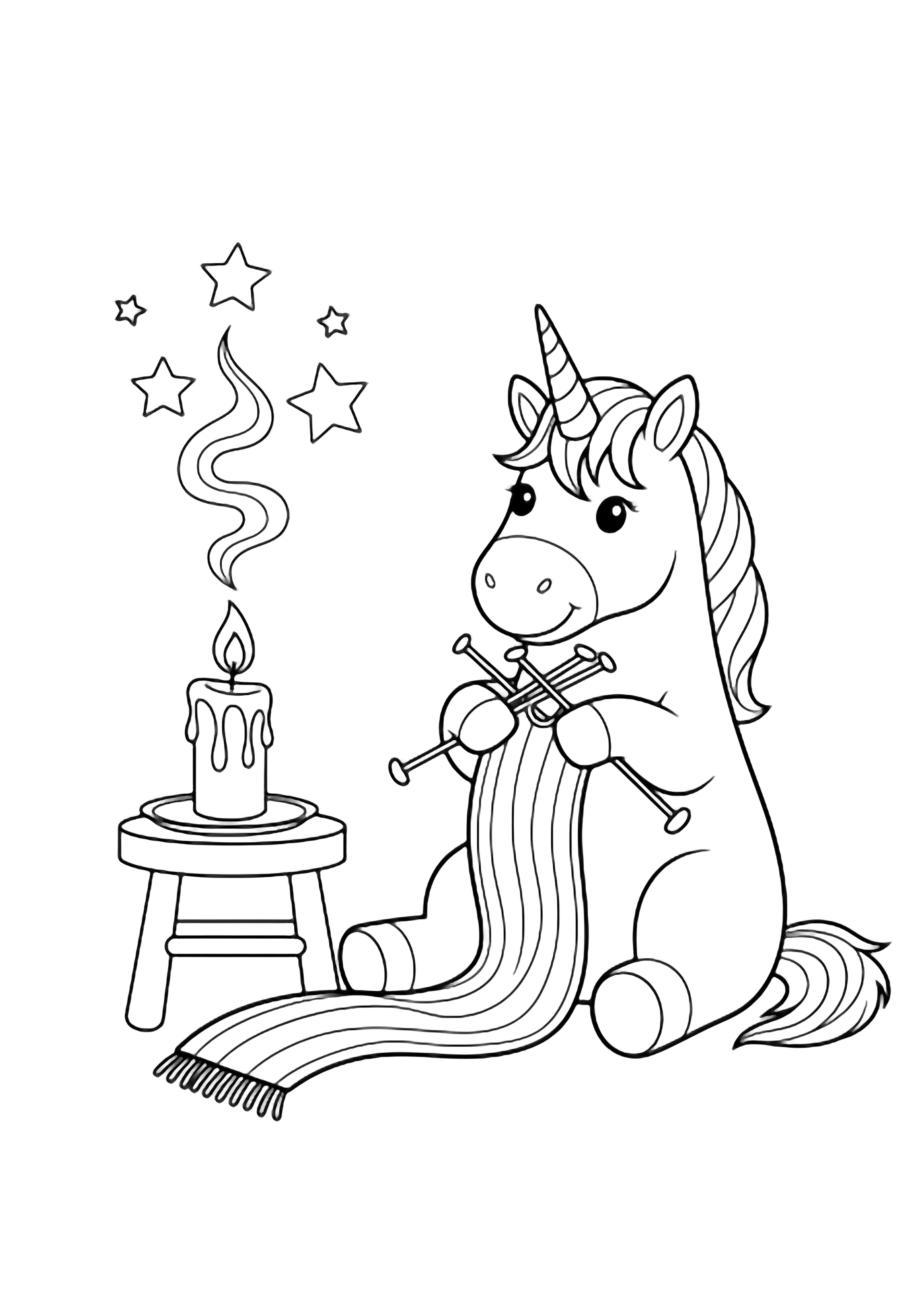A smiling unicorn sits upright, knitting a long scarf with clicking needles; beside it, a candle on a tiny stool sends a single curl of smoke up among floating stars. kleurplaat