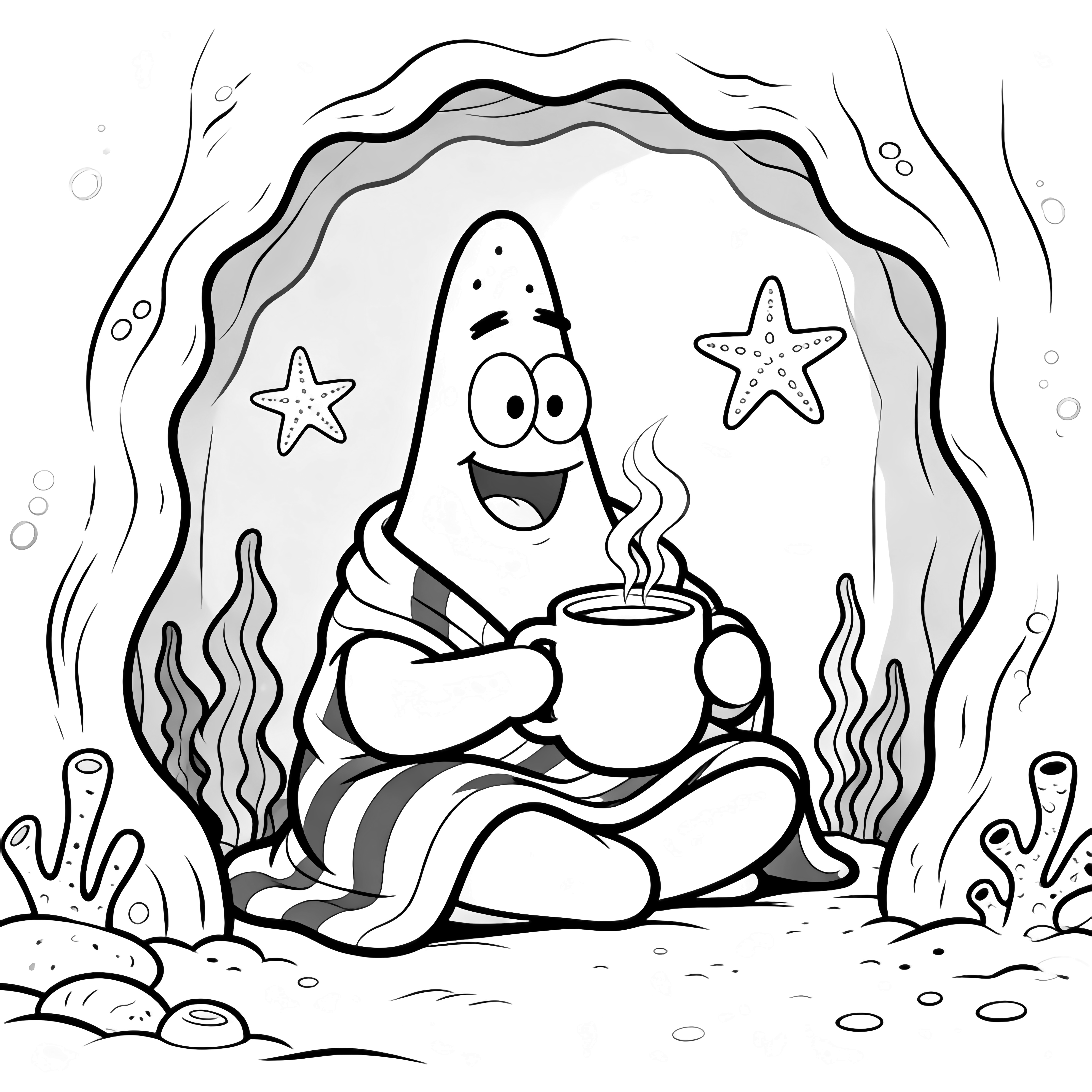 Patrick Star sits cross-legged in a wavy coral cave, wrapped in a striped seaweed blanket, holding a steaming mug, smiling at starfish shapes on the wall. kleurplaat