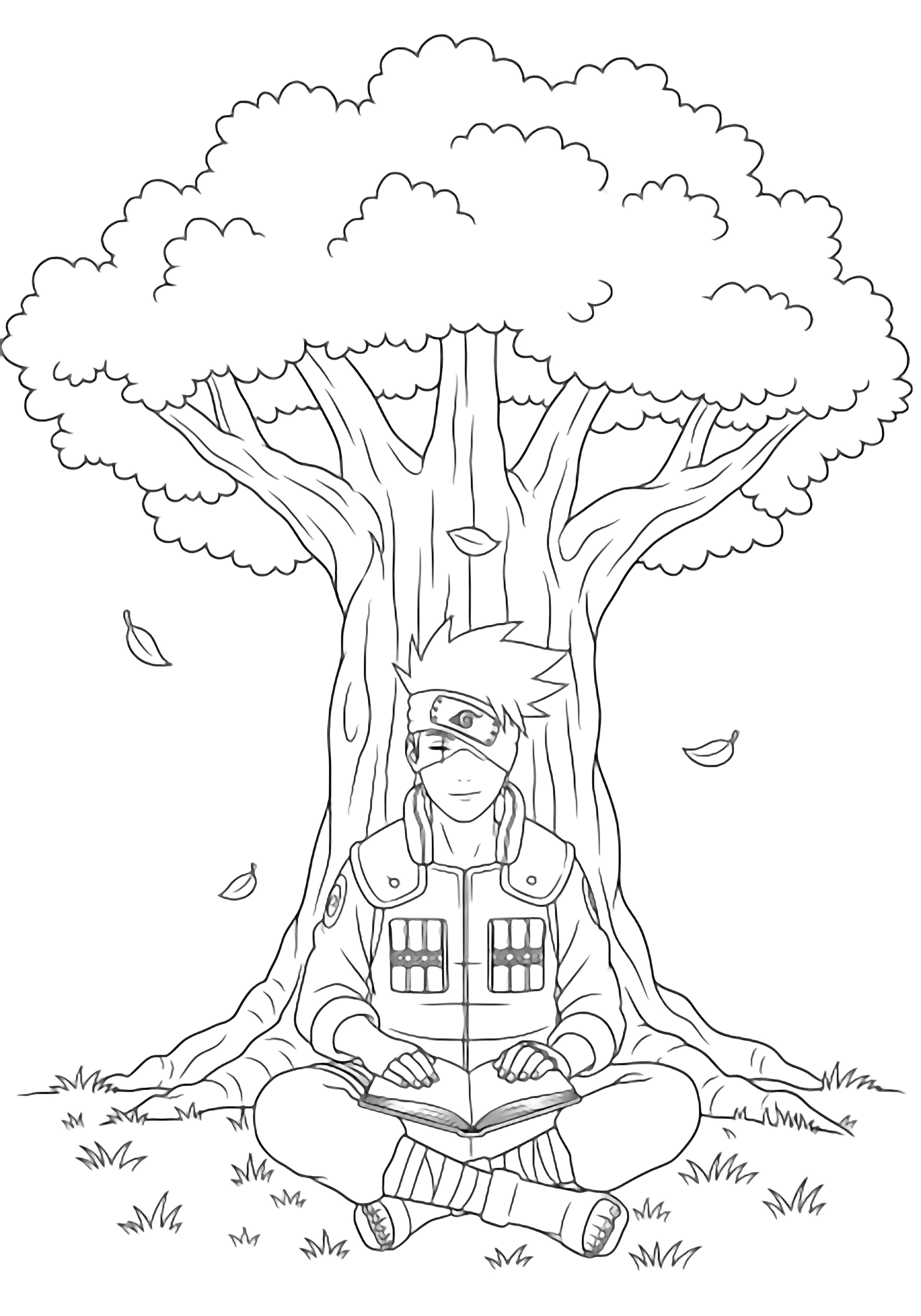 Kakashi zit met gekruiste benen onder een grote boom, zijn masker omhooggetrokken om een kalm glimlachje te onthullen, terwijl hij een boek leest en bladeren langs de brede stam en eenvoudige gras zweven. kleurplaat