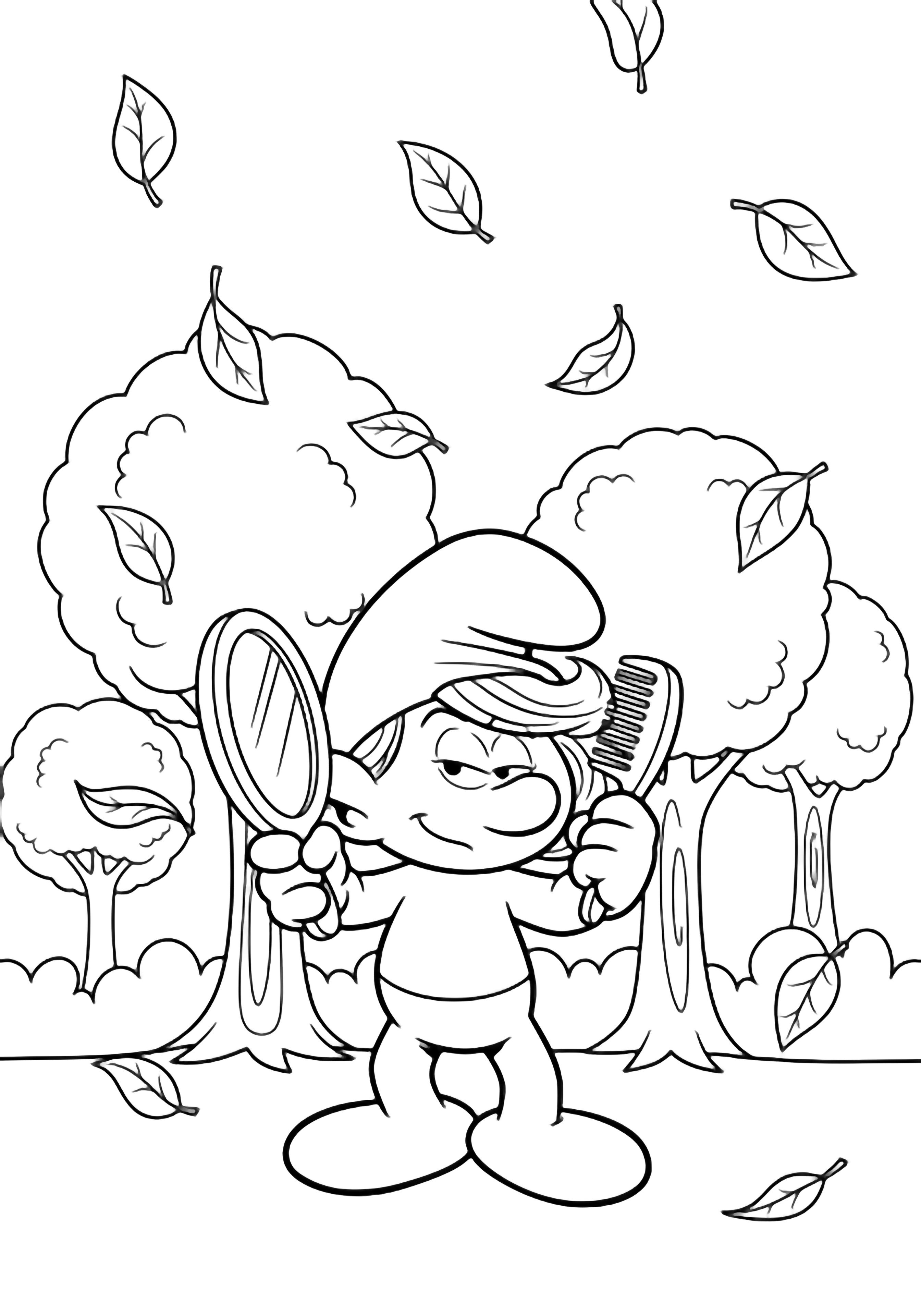 Vanity Smurf combs his hair with a raised mirror; simple round trees drop leaf shapes around him. kleurplaat