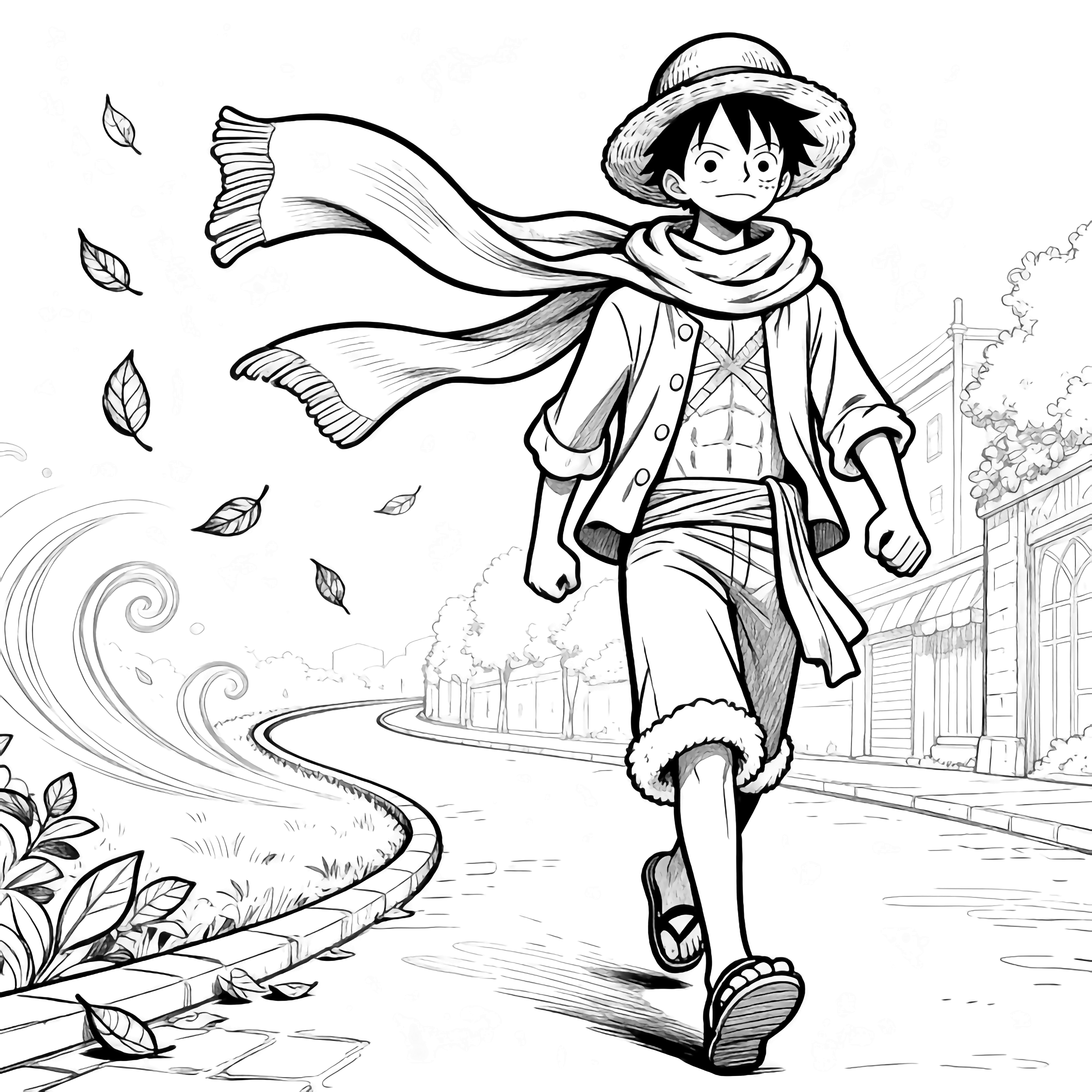 Luffy strides forward, oversized scarf billowing, swirling leaves and curved street around him. kleurplaat