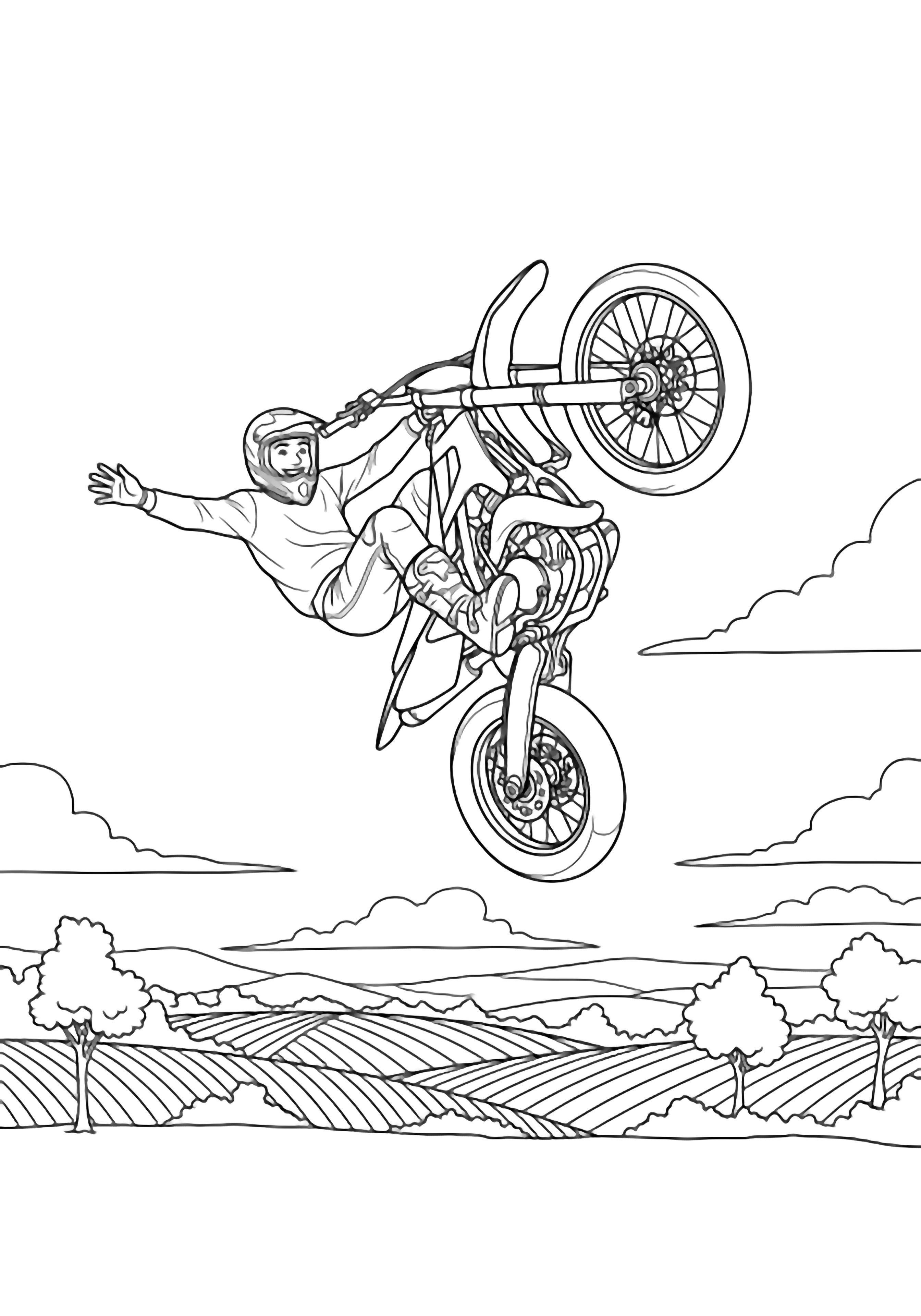 Een motorcrosser midden in een achterwaartse salto boven glooiende heuvels, armen wijd, wielen omhoog, met wolken, bomen en zachte hellingen op de achtergrond. kleurplaat