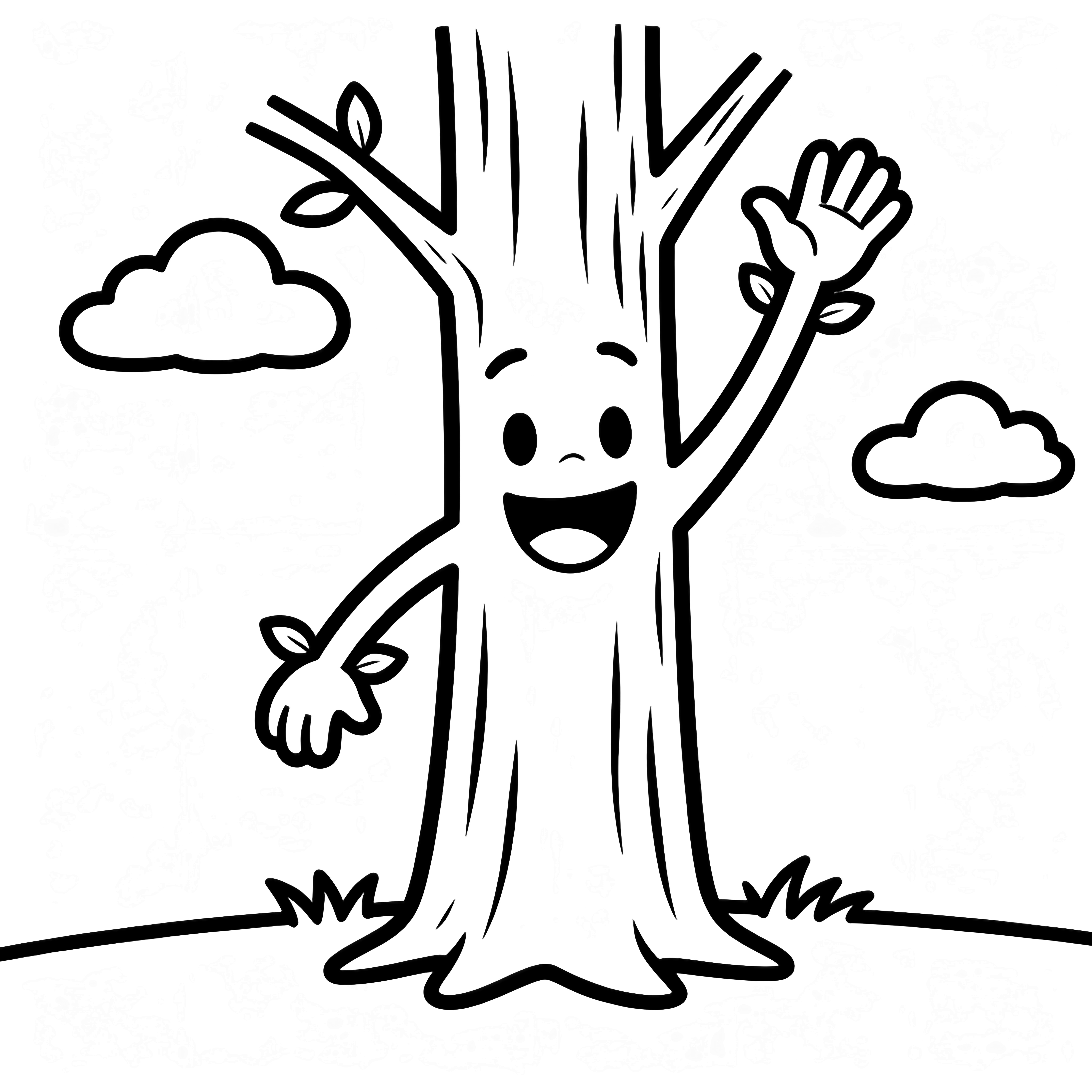 Cheerful Branch waves with one arm raised, tree-trunk body, tiny leaf bracelets, small grass line, two clouds behind. kleurplaat