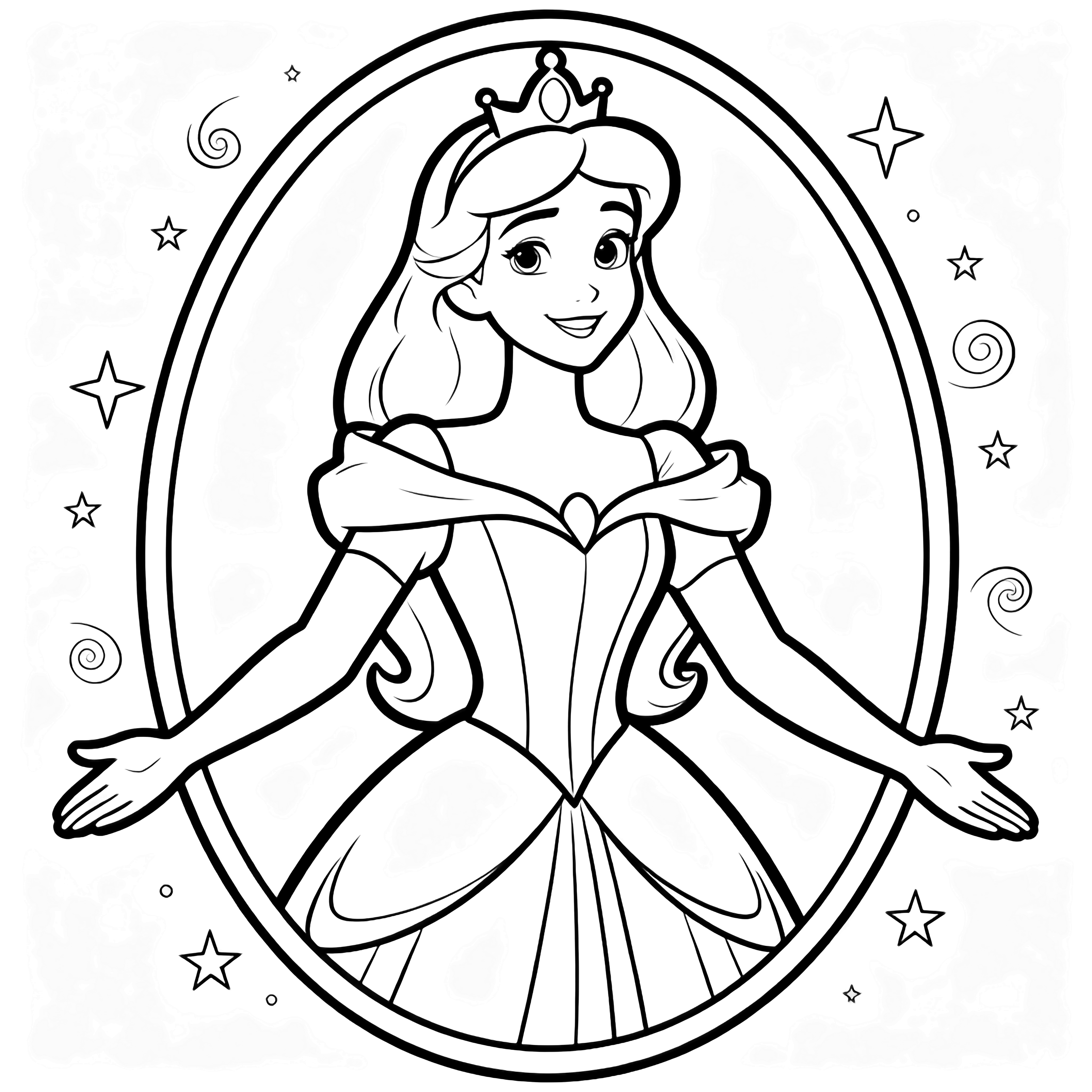 Princess Aurora stands with arms gracefully outstretched, smiling serenely, framed by an oval with tiny stars and swirls around her. kleurplaat