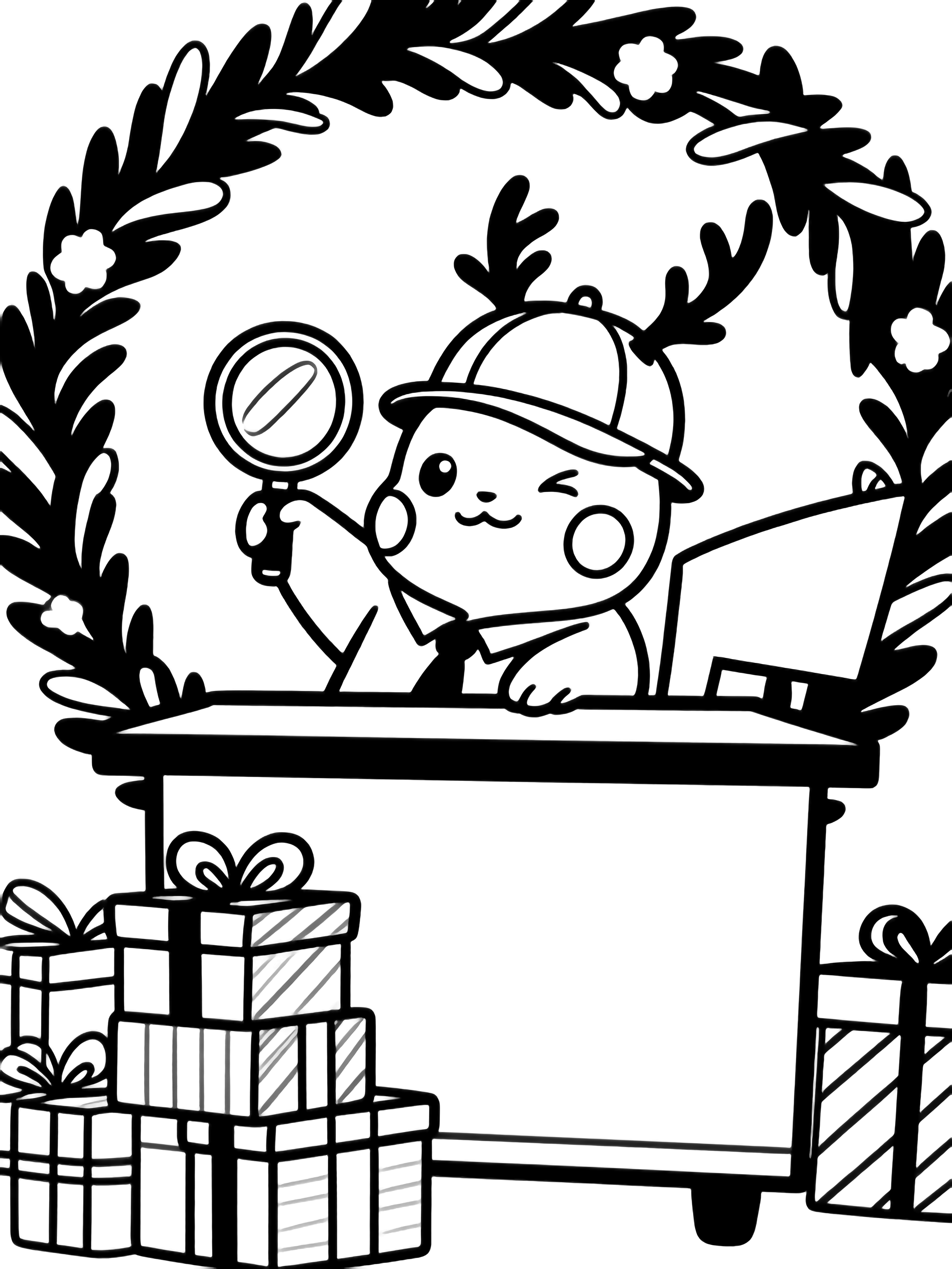 illustration on a Pikachu wearing a deerstalker hat sits behind a desk magnifying glass raised; wreaths frame the scene stacked gifts beneath bold outlines empty spaces to color clean black kleurplaat