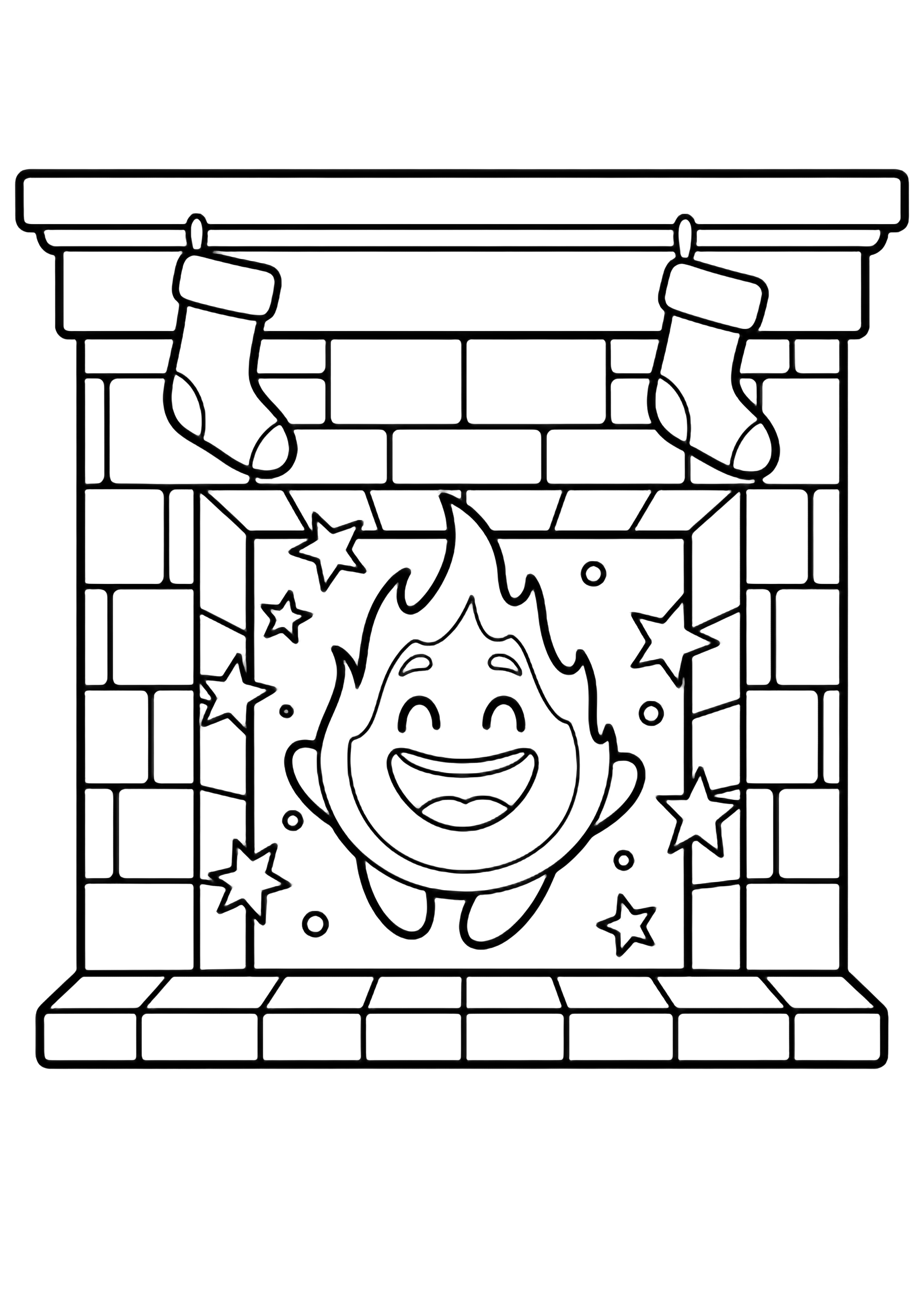 Cheerful flame sprite with wide smile floats in brick fireplace; stockings hang from mantel, festive stars sparkle around. kleurplaat