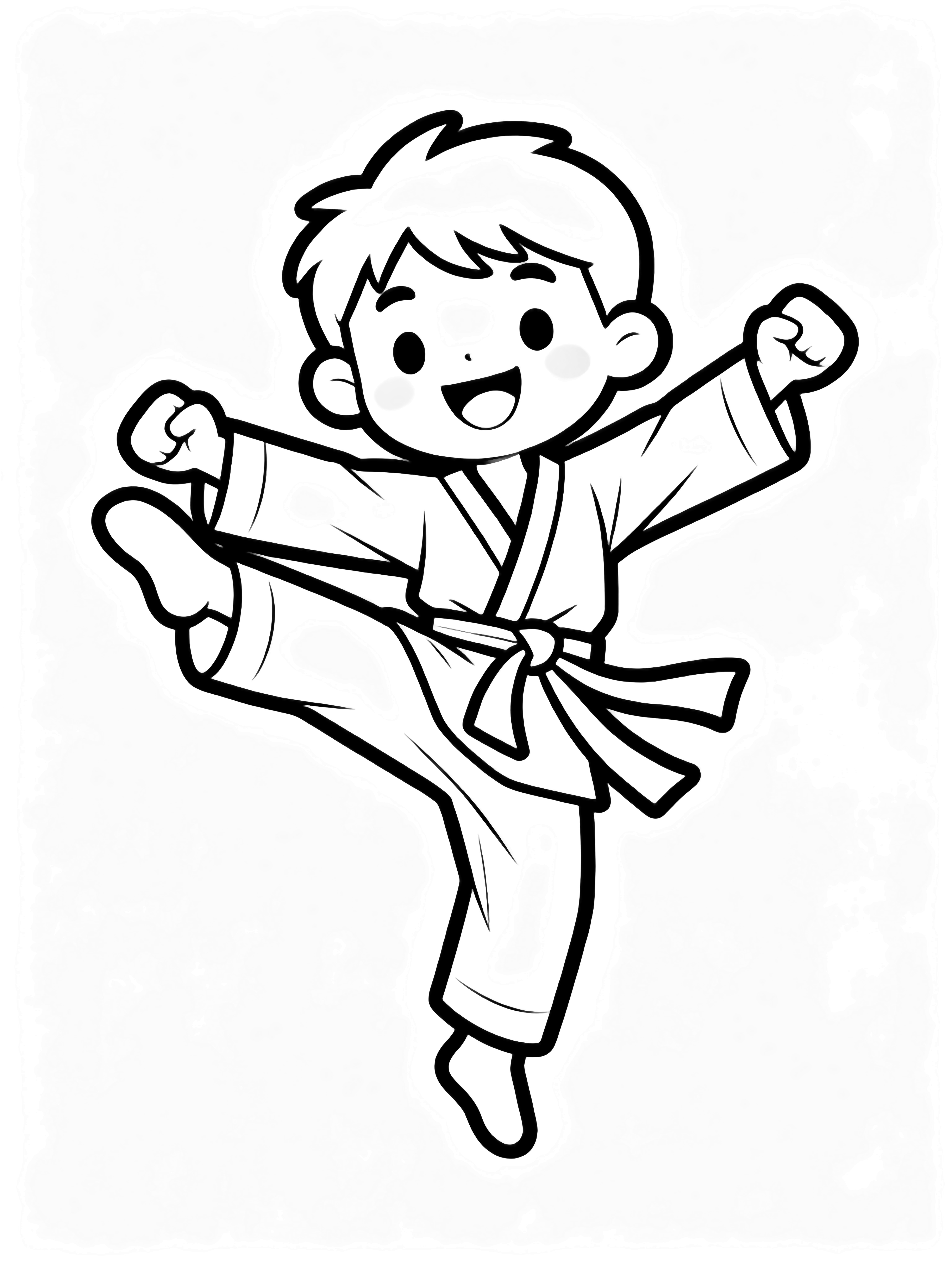 A joyful taekwondo athlete suspended in a flying kick, arms spread, dobok sleeves and belt billowing. kleurplaat