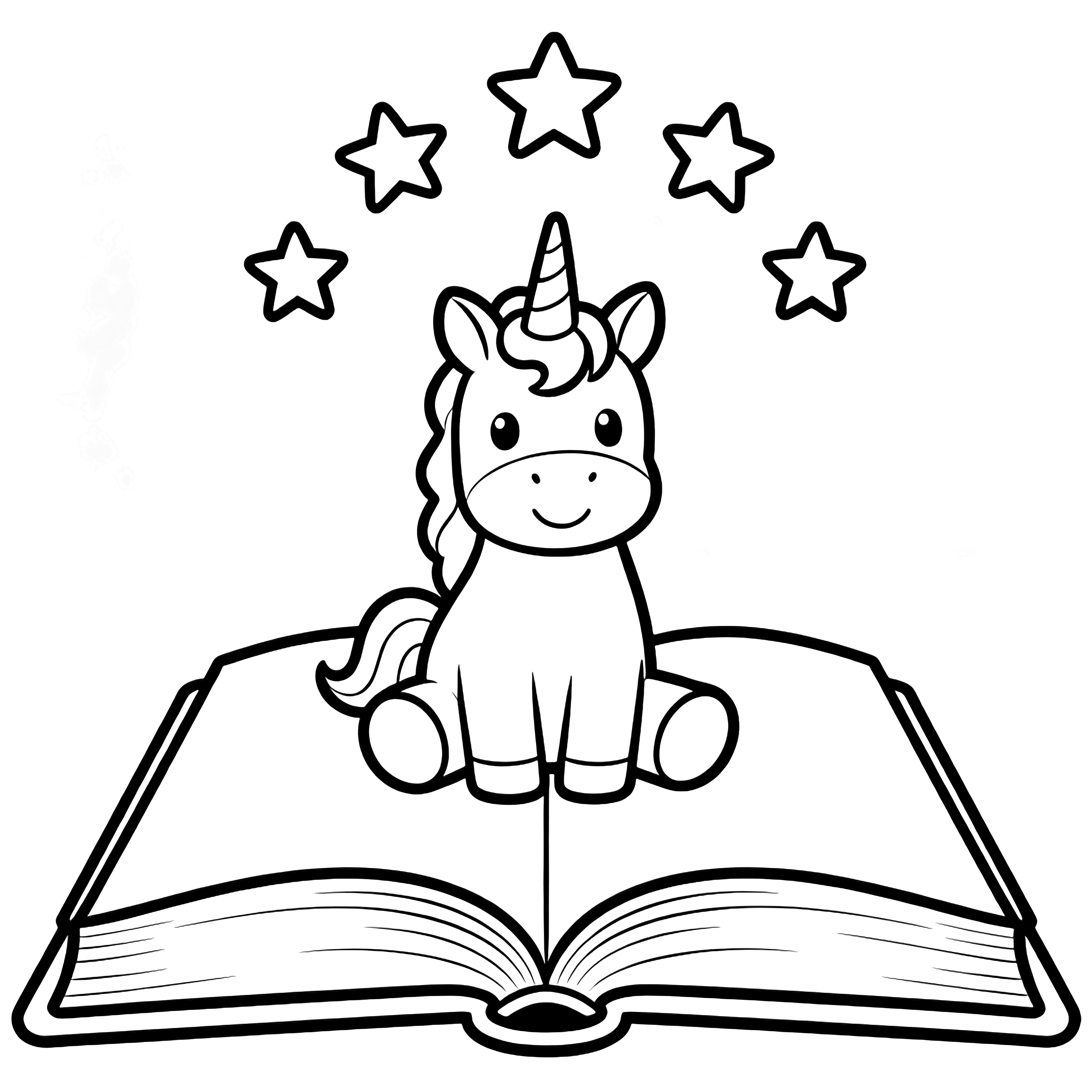 A smiling unicorn sits on a giant open book; five five-pointed stars float above in a loose arc. kleurplaat