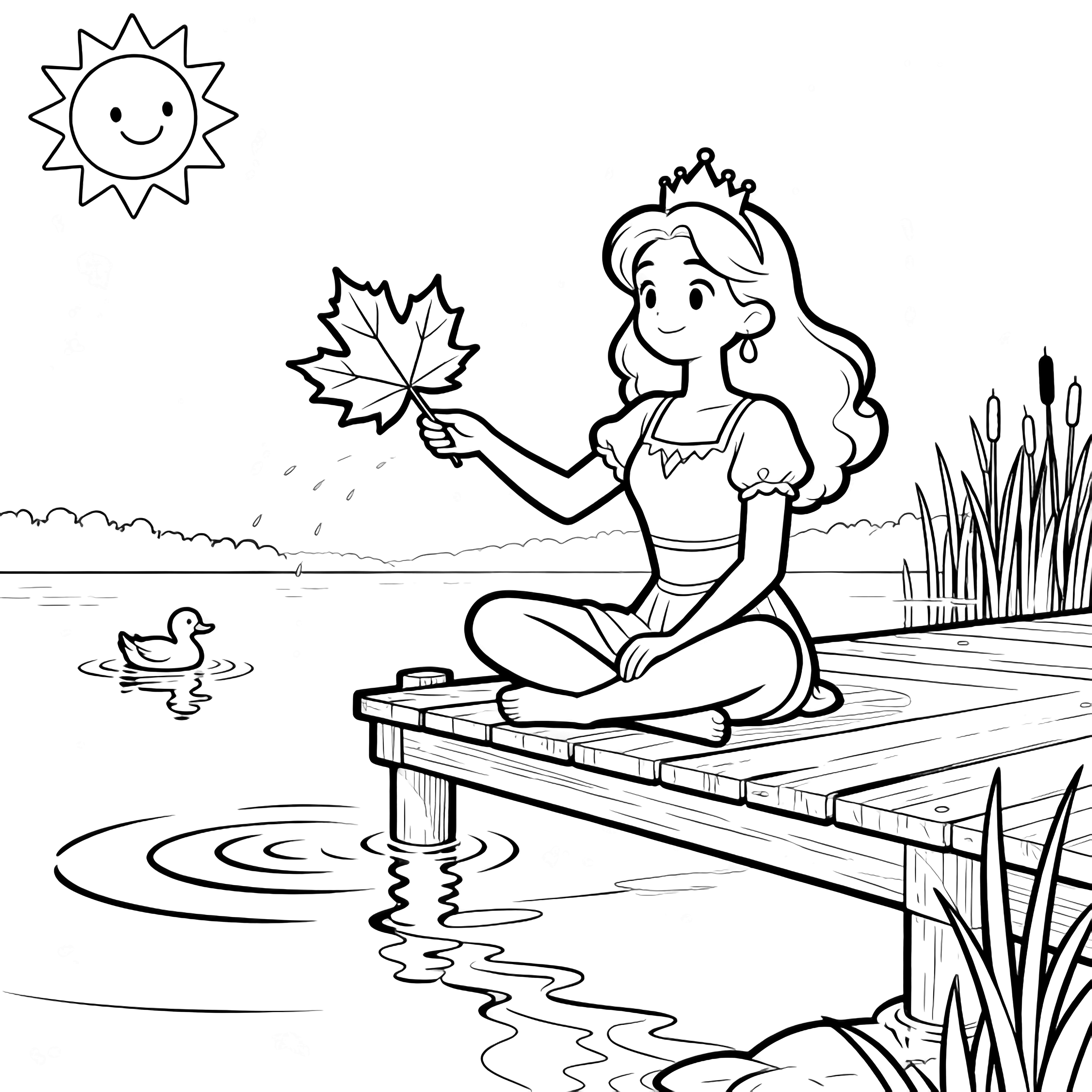 Splash Queen sits cross-legged on a dock, tossing a maple leaf; calm lake mirrors ripples, tiny duck, distant reeds, smiling sun above. kleurplaat