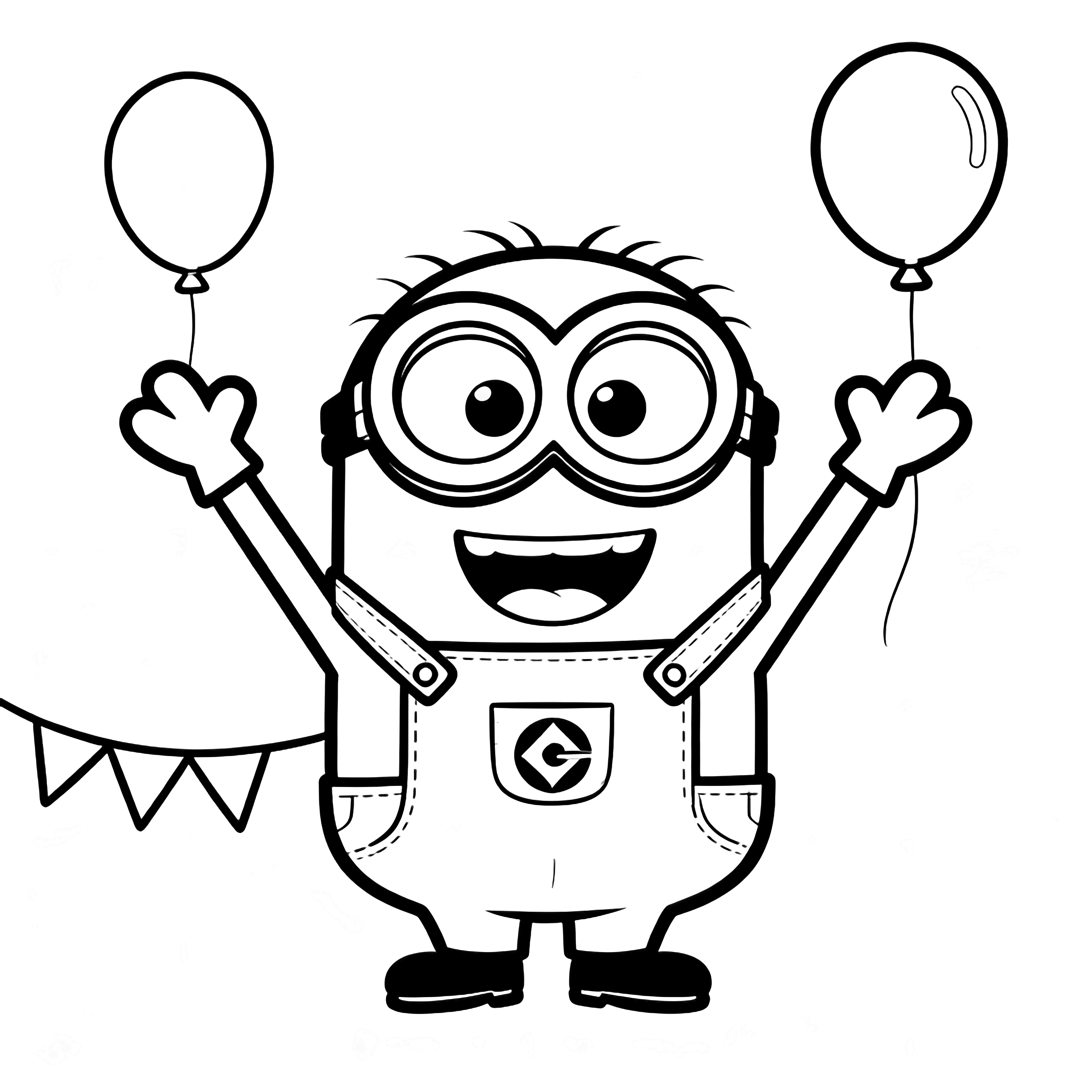 A cheerful Minion raises its arms in celebration, surrounded by floating balloons and a small bunting. kleurplaat
