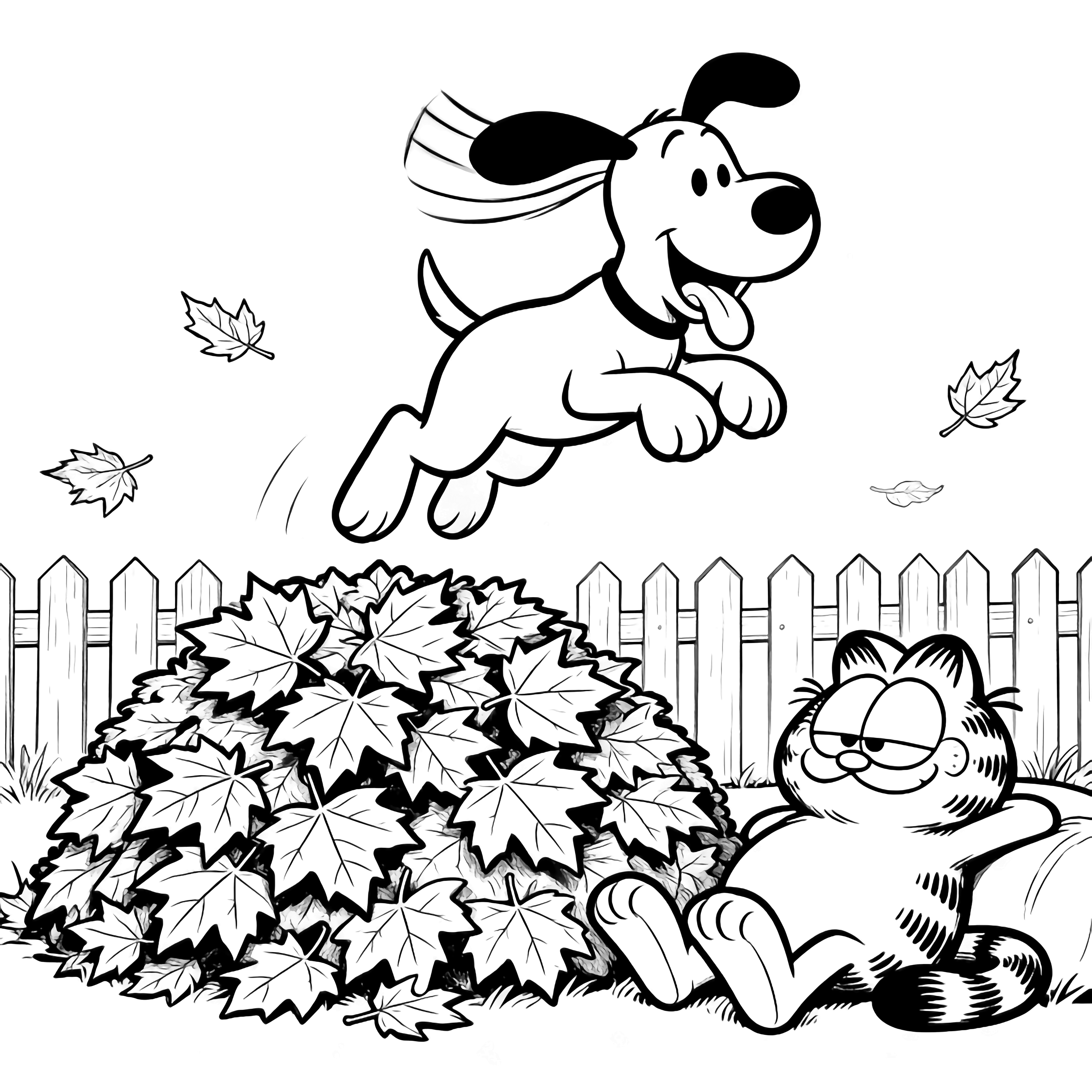 Odie leaps above a pile of maple leaves, ears flapping, tongue out; Garfield lounges nearby, eyebrow raised, tail curled, with a picket fence and drifting leaves behind them. kleurplaat