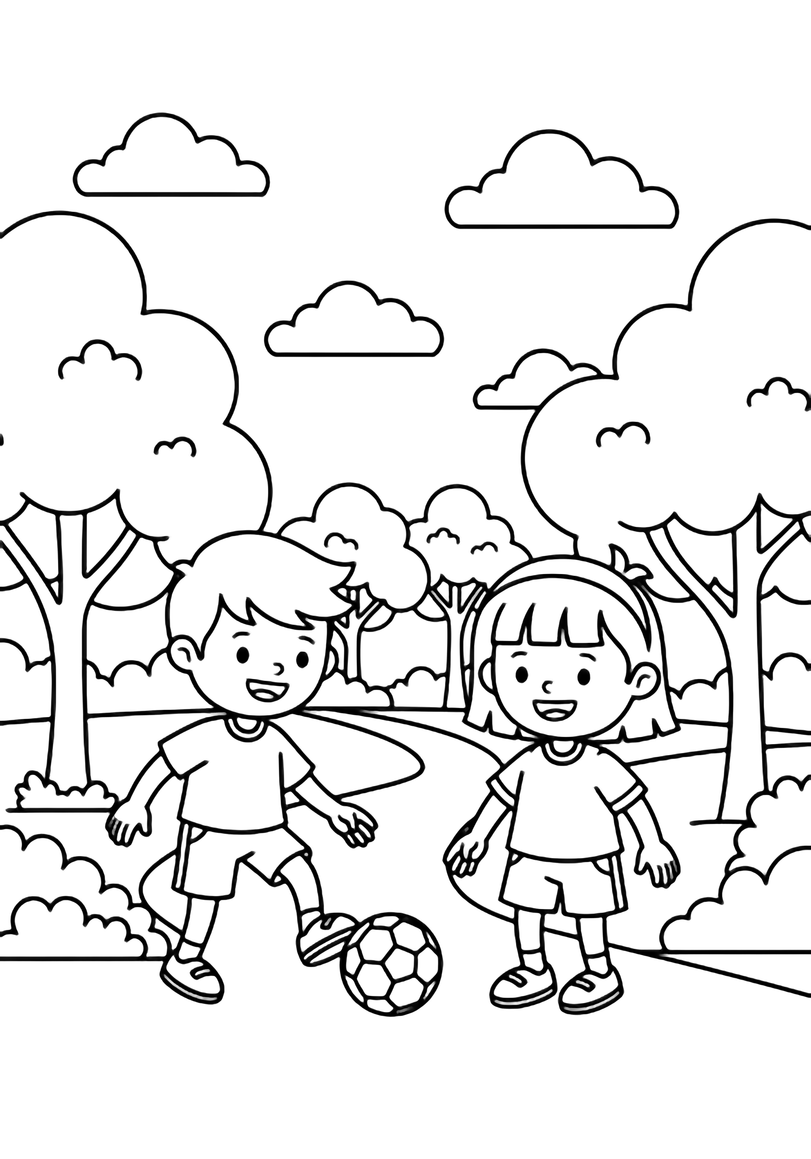 Two happy children play soccer in a sunny park, one kicking the ball toward the other, framed by simple trees, clouds, and a winding path. kleurplaat