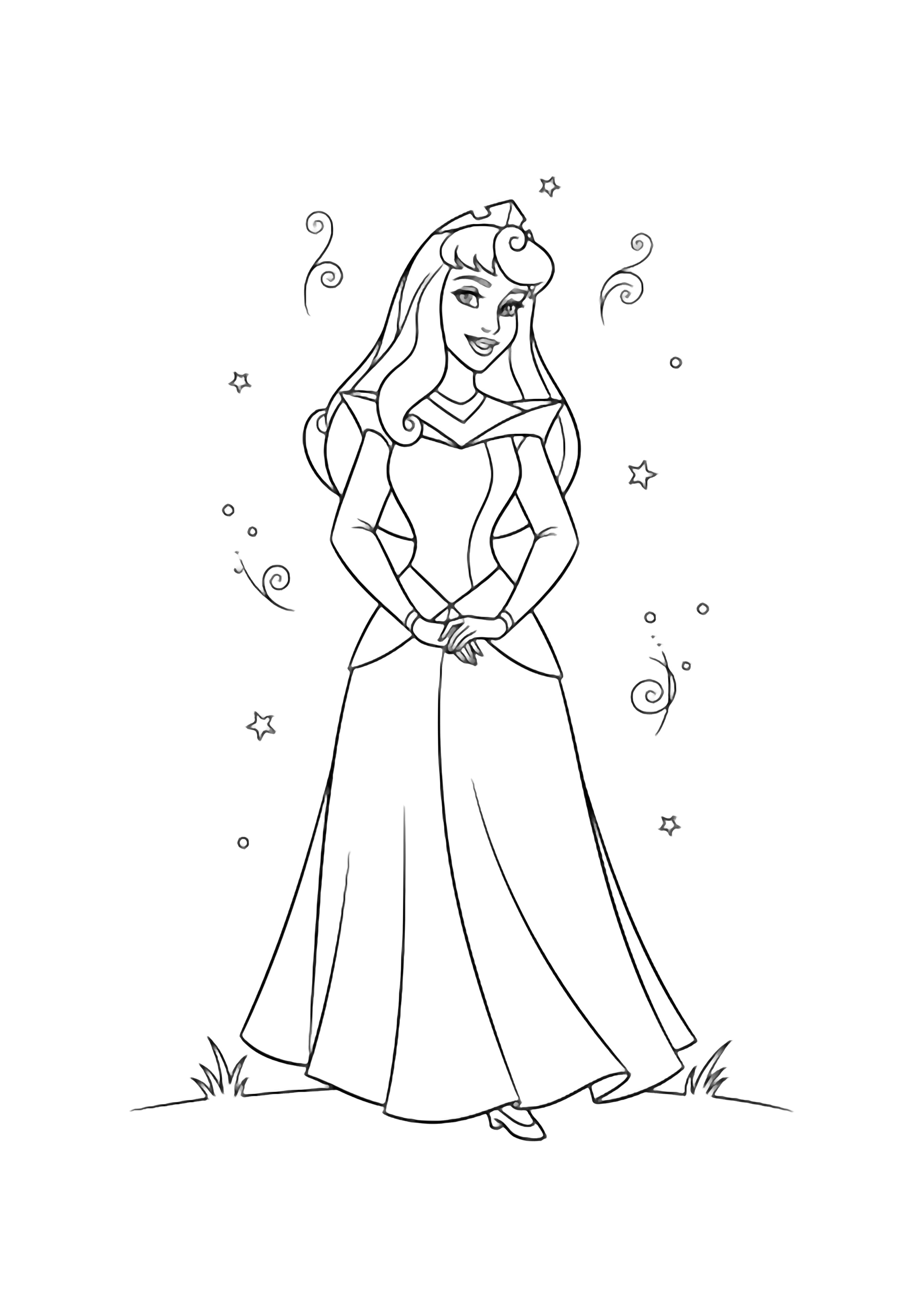 Aurora stands smiling, hands clasped at her waist; long hair, simple gown, stars and swirls drift above minimal grass. kleurplaat