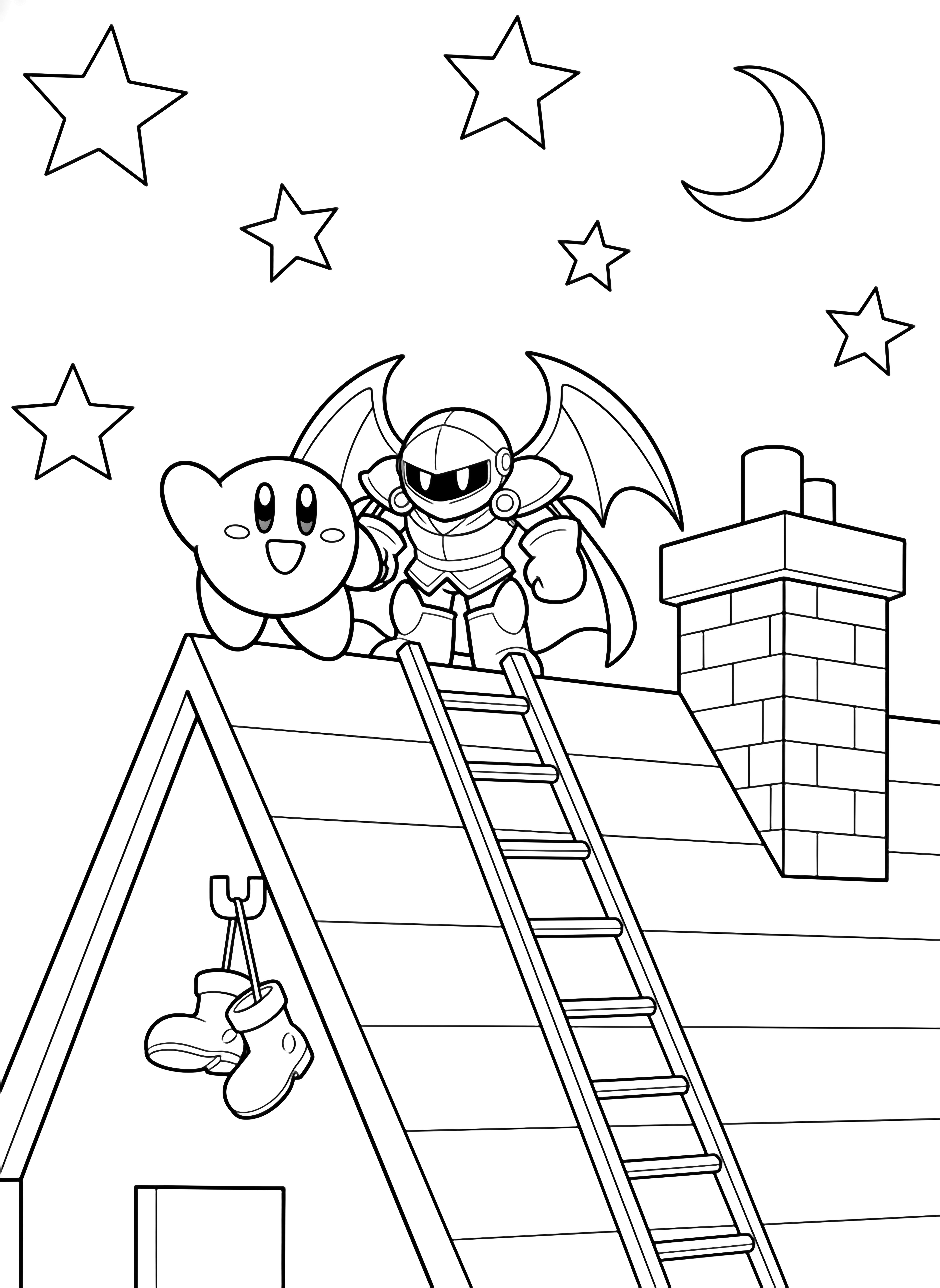 Kirby waves beside Meta Knight on a rooftop; simple ladder, dangling boots, moon, chimney, and outlined stars in an empty sky. kleurplaat