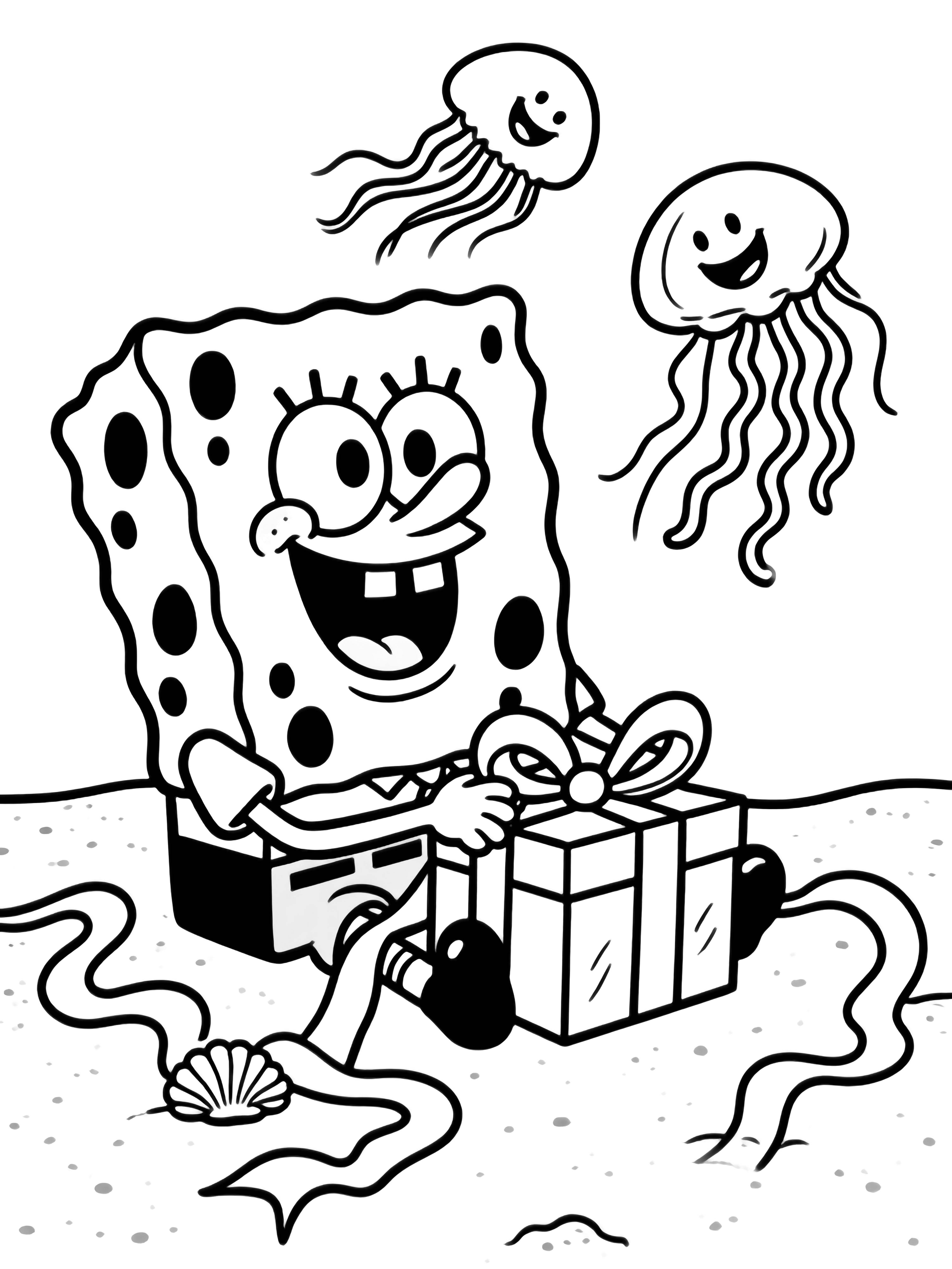 SpongeBob sits cross-legged wrapping square presents, wavy ribbon curling from shell-coral bows; two smiling jellyfish drift behind on a simple sandy floor. kleurplaat