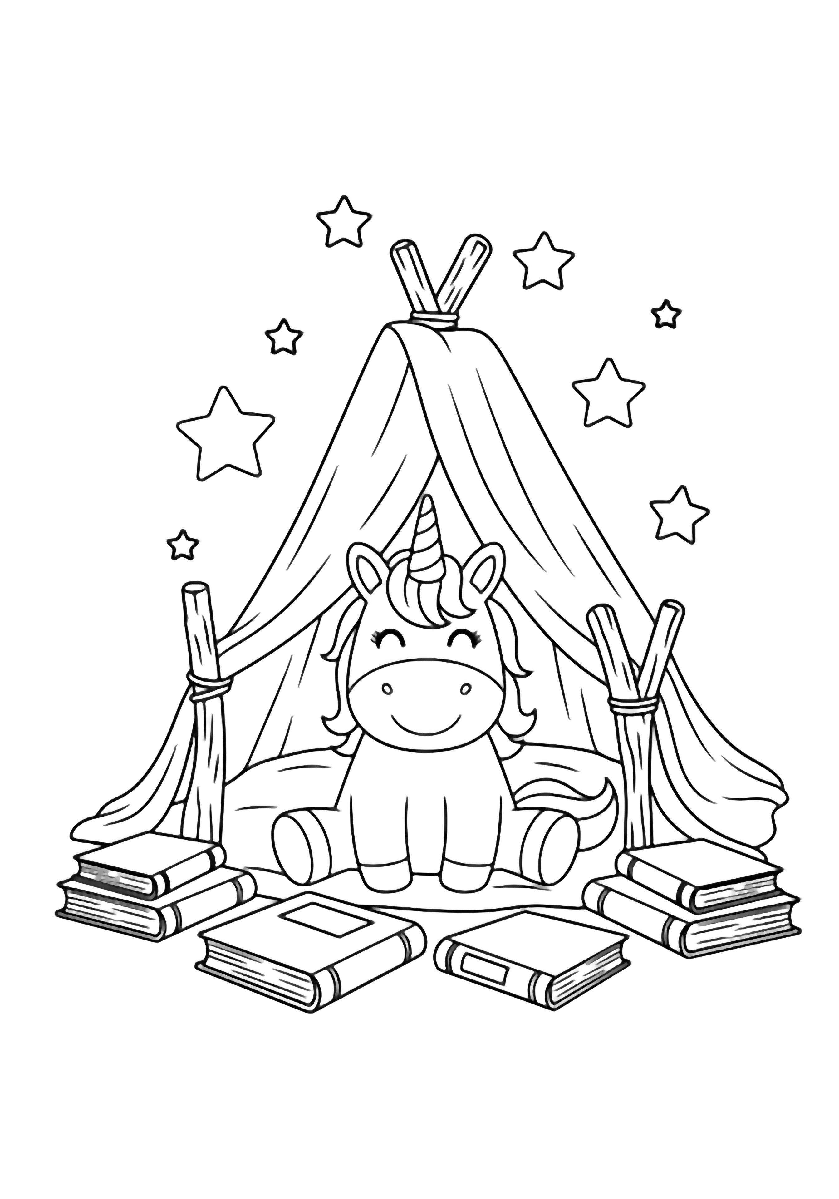 A happy unicorn nestled in a blanket fort made of sticks, with books and stars scattered around. kleurplaat