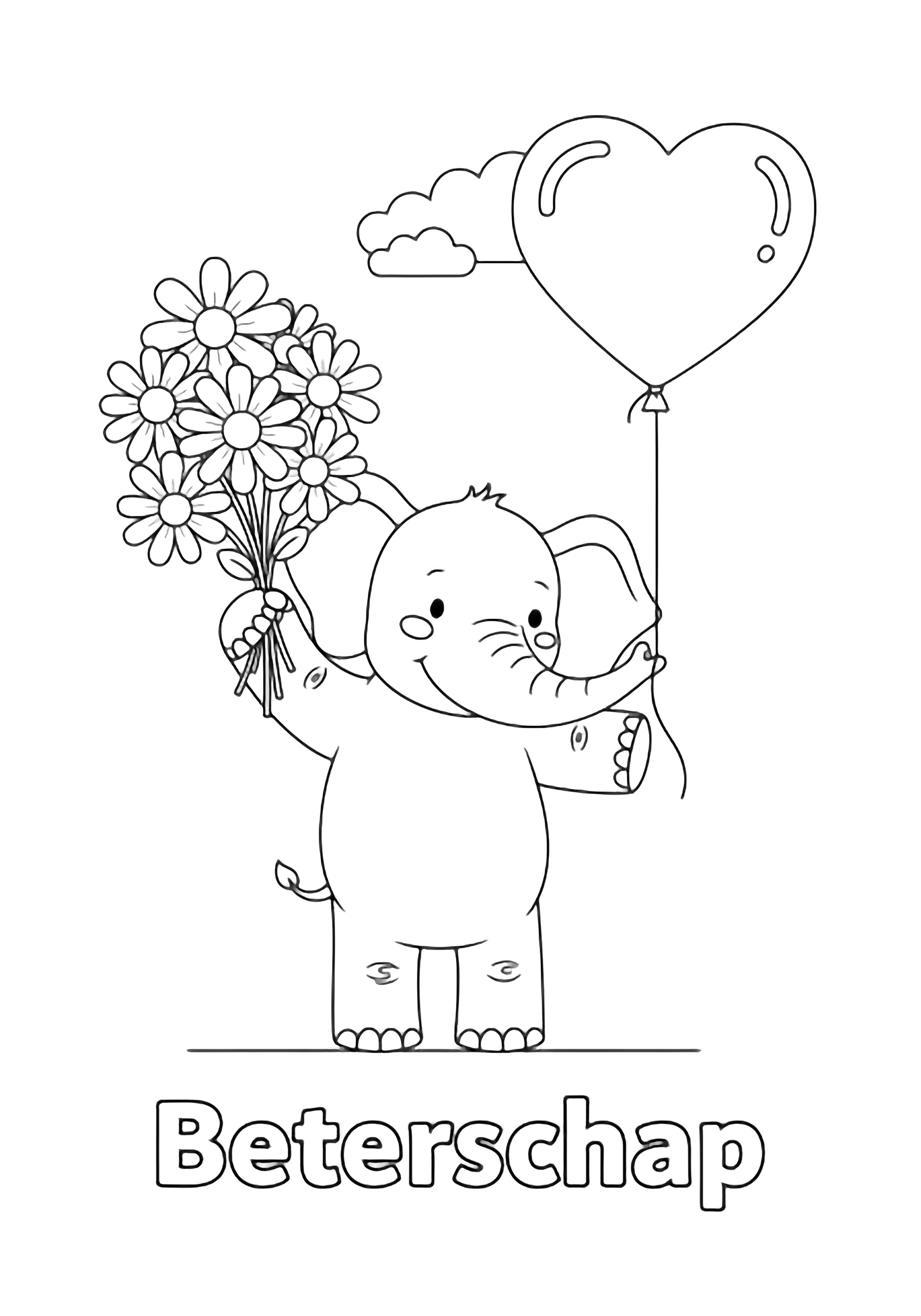 A cheerful elephant lifts a bouquet of daisies with its trunk and holds a heart-shaped balloon; "Beterschap" floats beneath a small cloud. kleurplaat