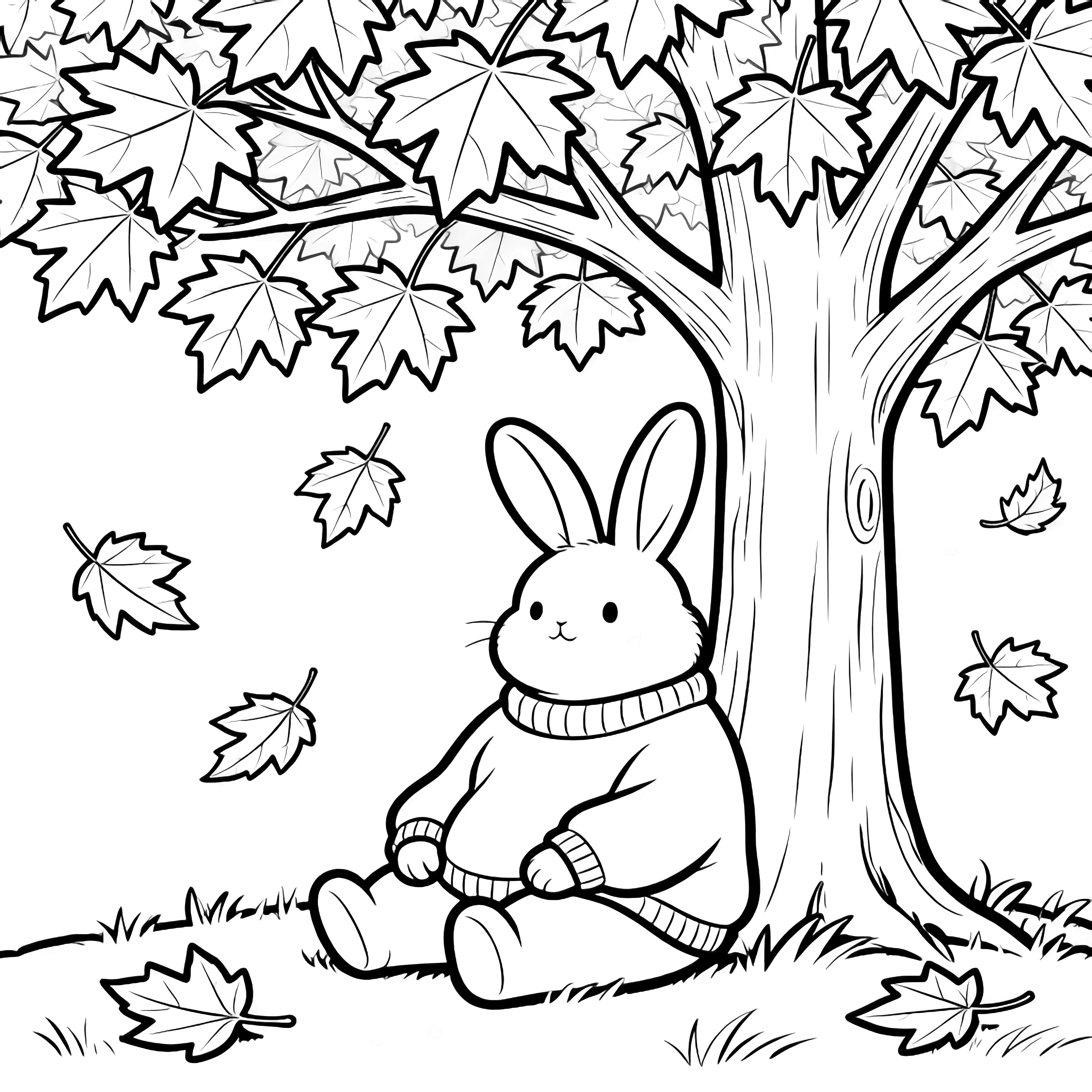 A plump bunny wearing an oversized floppy sweater sits contentedly beneath a wide maple tree while large simple leaves drift around it. kleurplaat