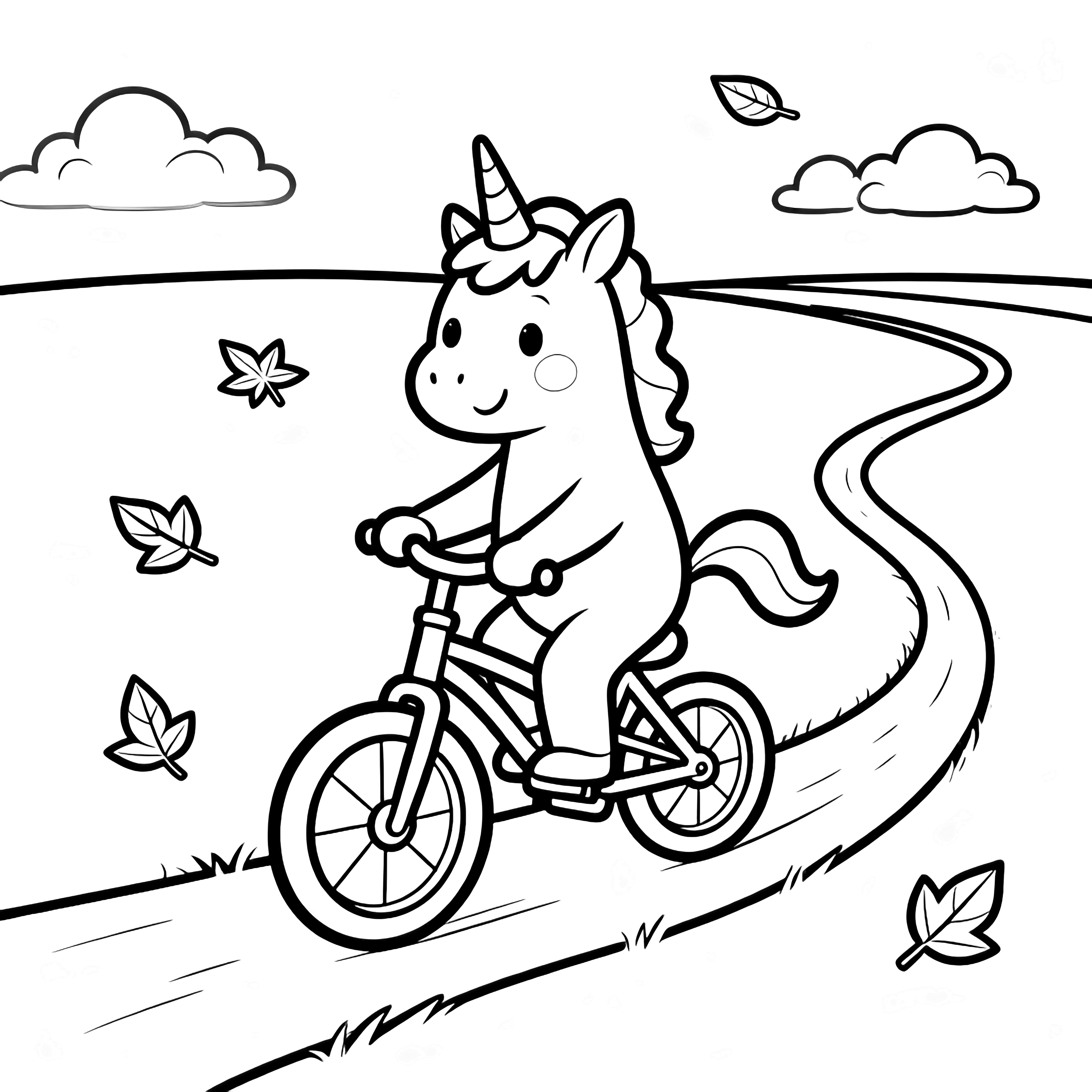 Smiling unicorn riding tiny bicycle along curvy path, giant spoked wheels, falling five-point leaves, low horizon, three distant fluffy clouds. kleurplaat