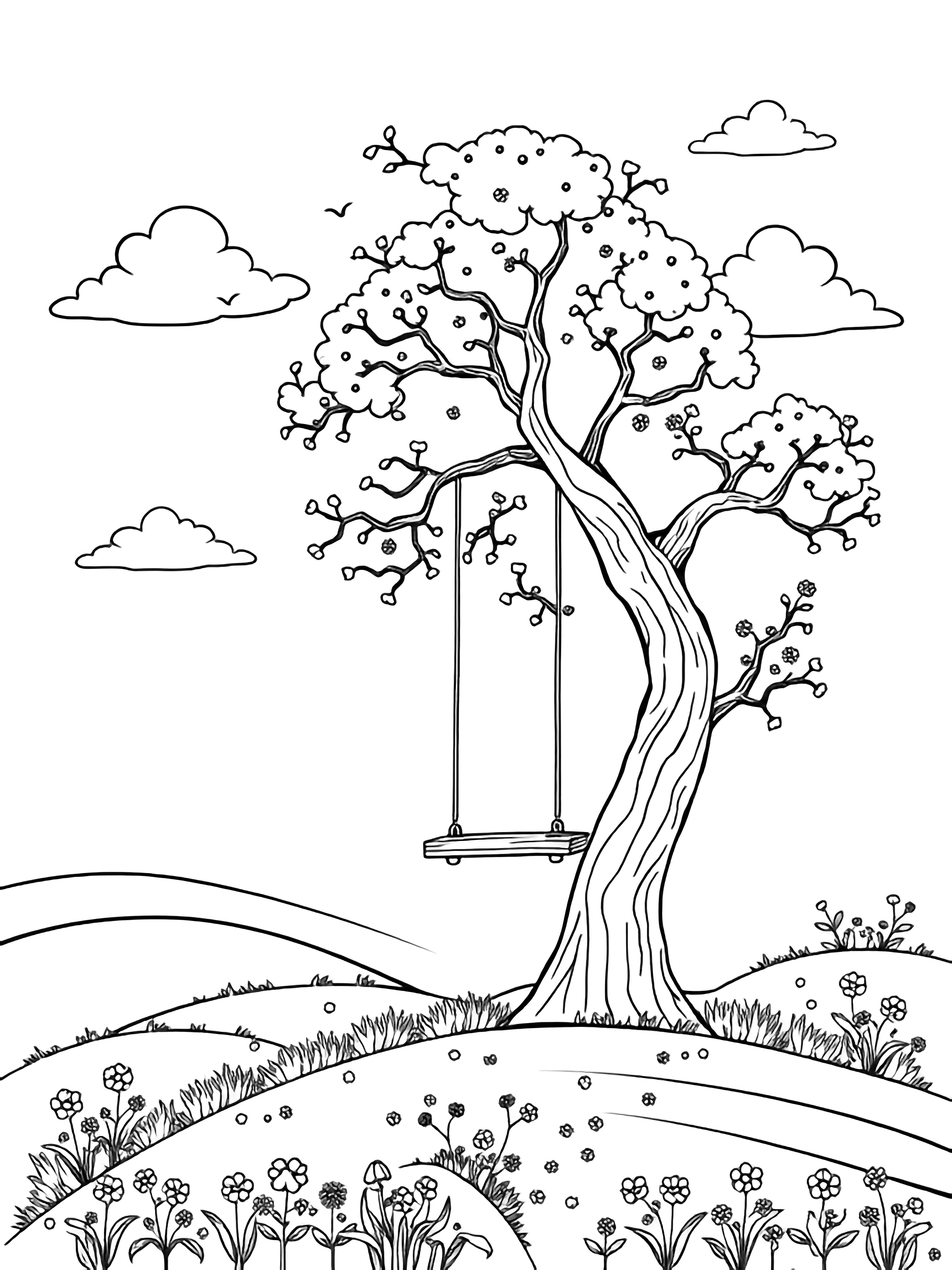 A tall twisty tree on a hill with a plank swing, clouds, and tiny flowers. kleurplaat