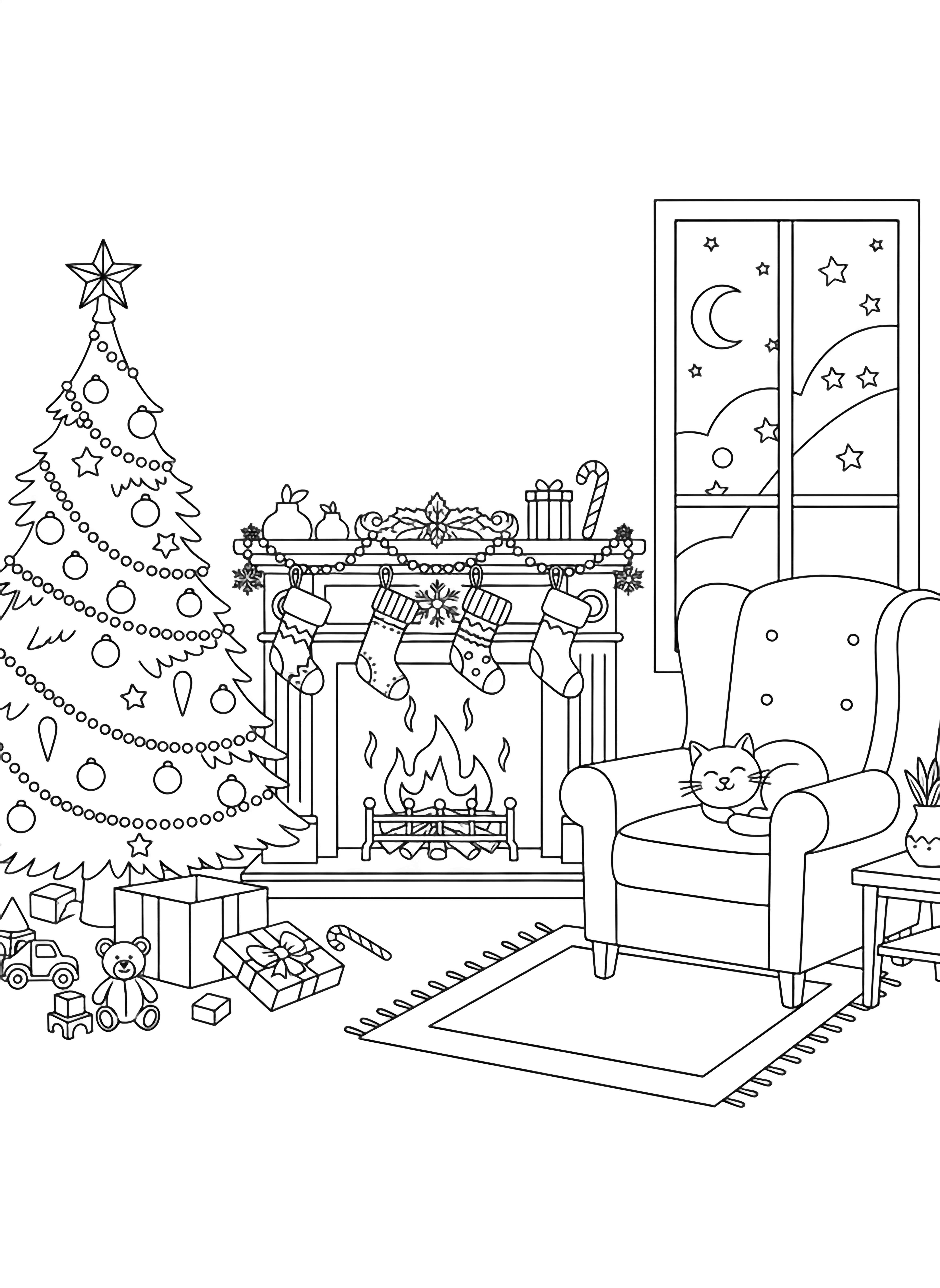 illustration on a Cozy living room with tall Christmas tree left crackling fireplace center five stockings hanging from mantel curved armchair right simple rug bare window showing starry sky toys scattered open gift box candy canes snowflake garland smiling cat curled on chair arm clean black kleurplaat