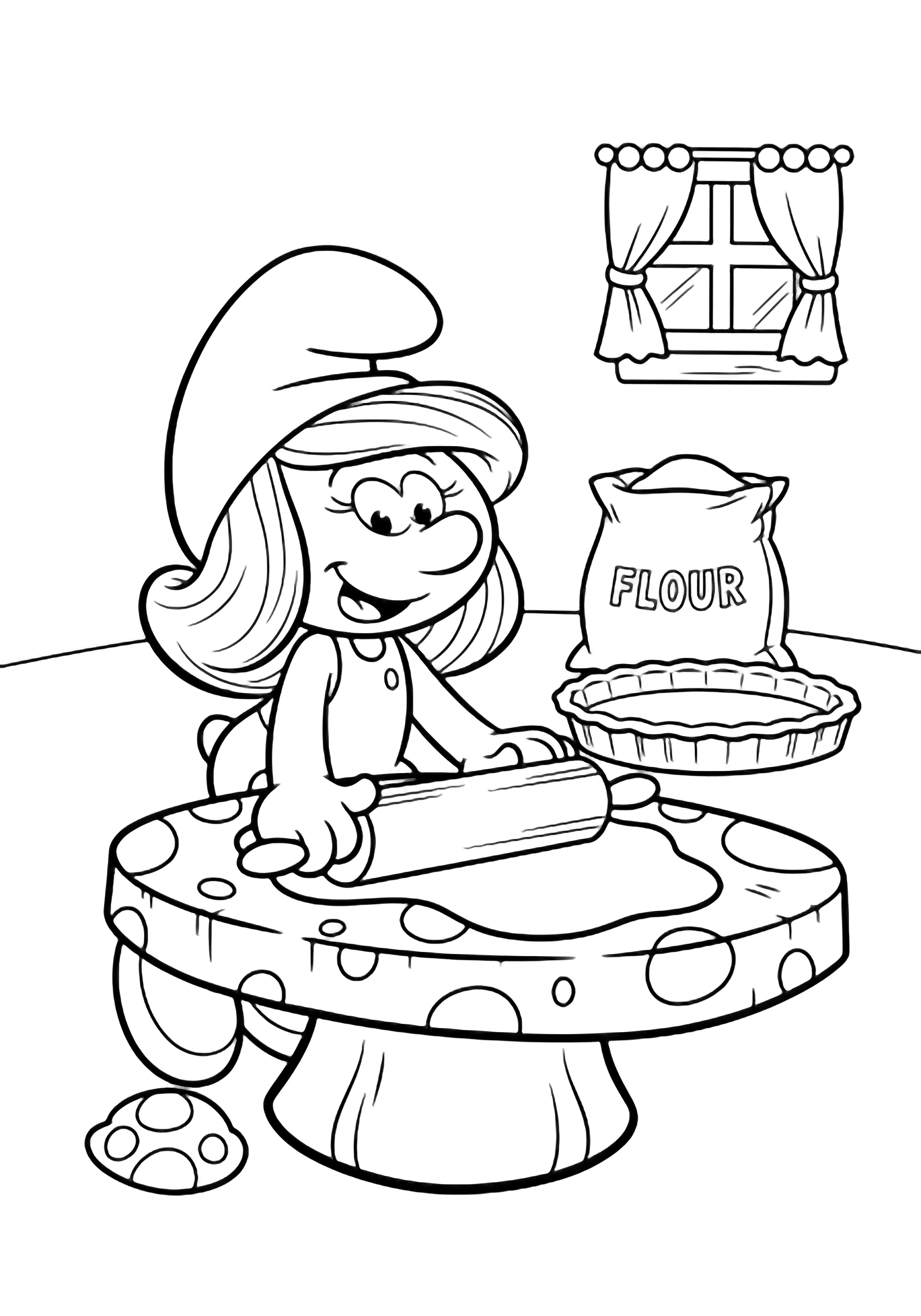 Smurfette rolls dough on a mushroom table, pie pan and flour sack nearby, curtained window behind her. kleurplaat