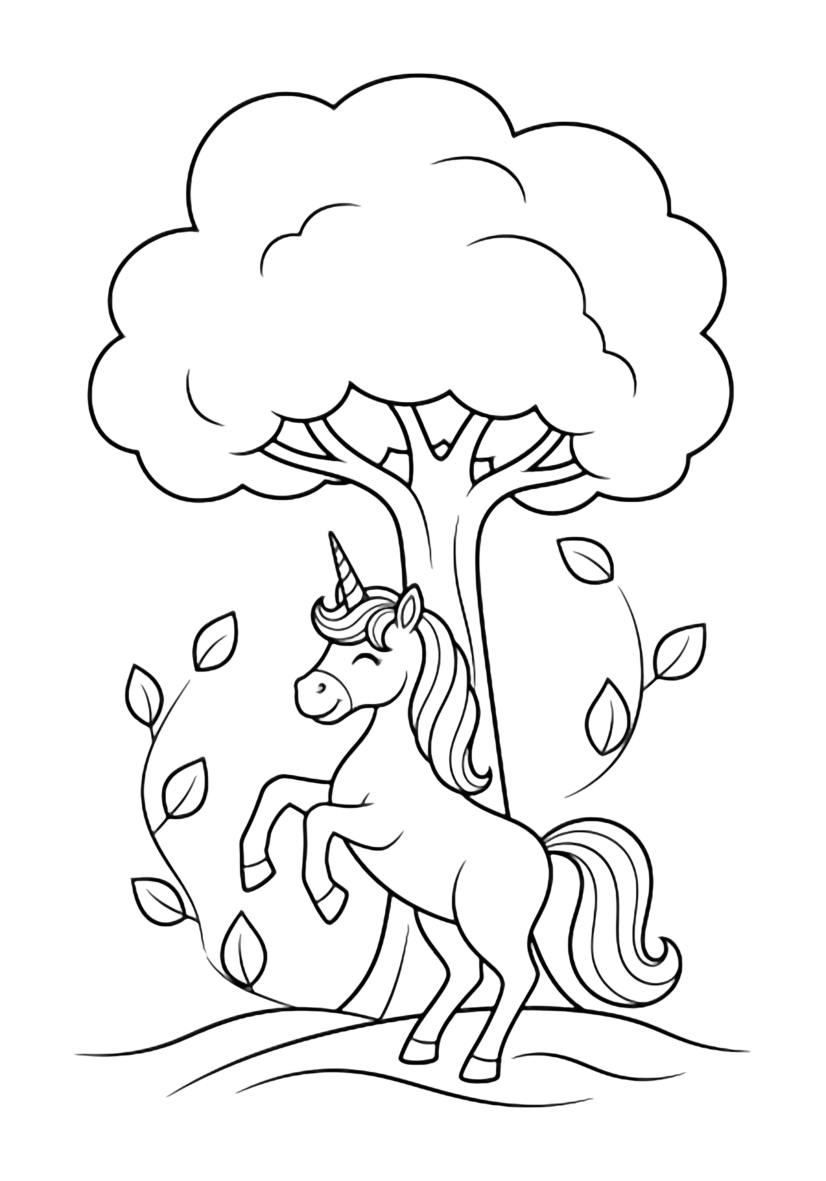 A smiling unicorn rears beneath a big rounded tree while simple leaves spiral down around it. kleurplaat