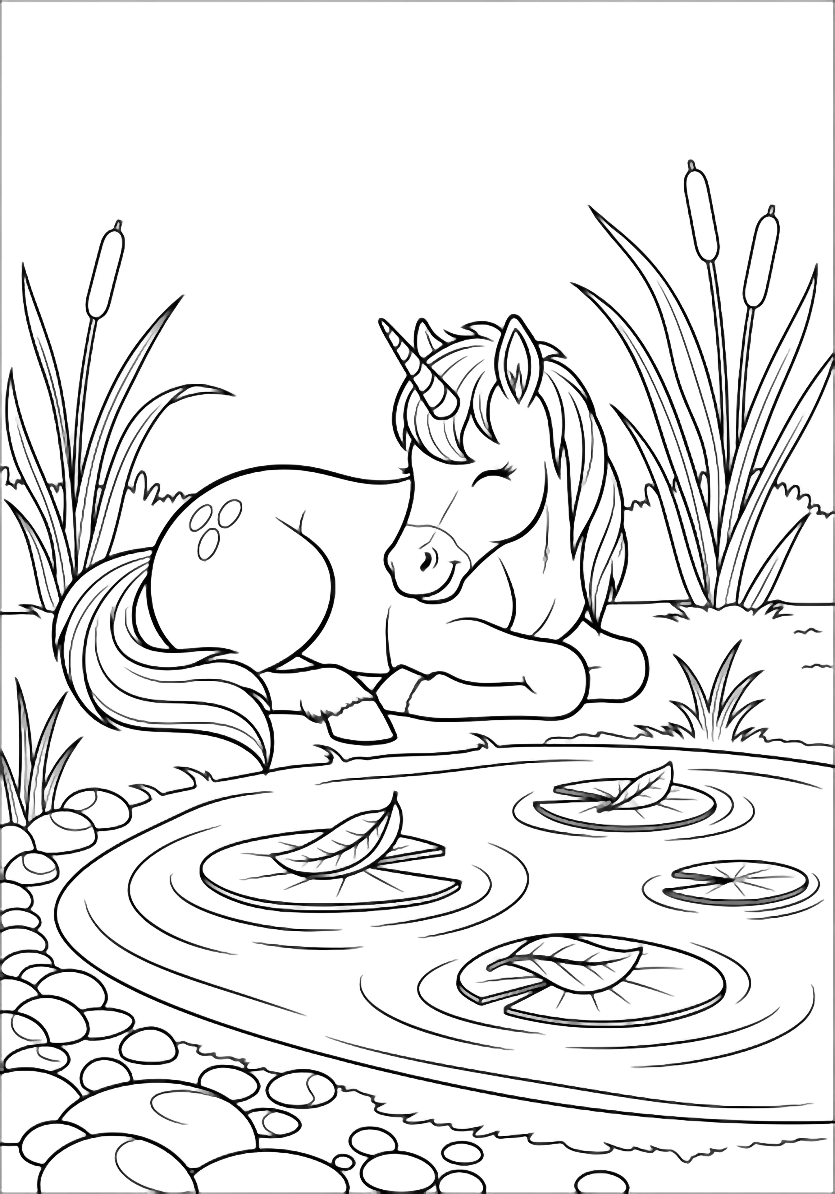 A smiling unicorn foal curls beside a pond with drifting leaves, cattails, and pebbles. kleurplaat