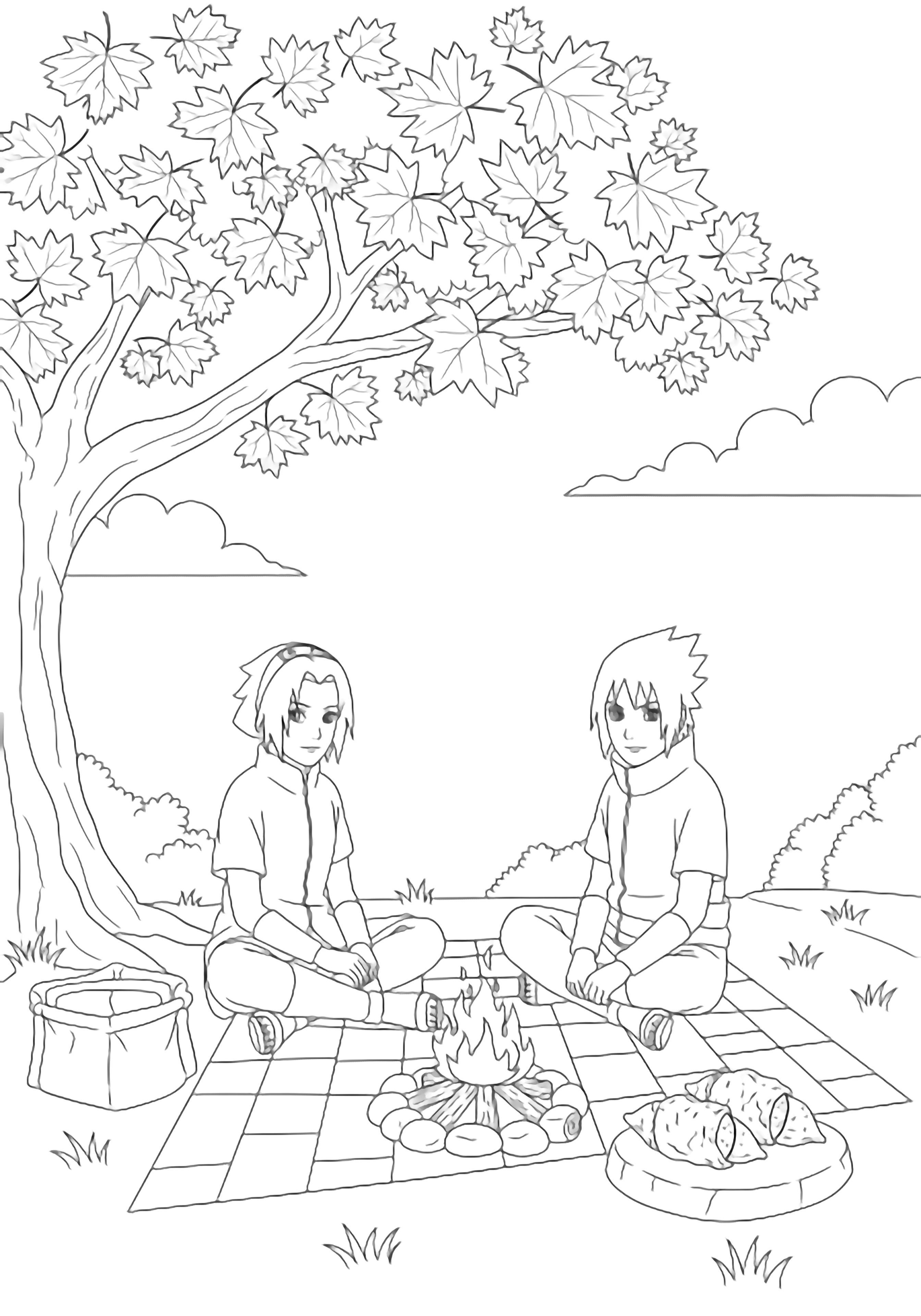 Sasuke and Sakura sit cross-legged on a picnic blanket beneath a maple tree, sharing roasted sweet potatoes beside a small campfire, grass and clouds around them. kleurplaat