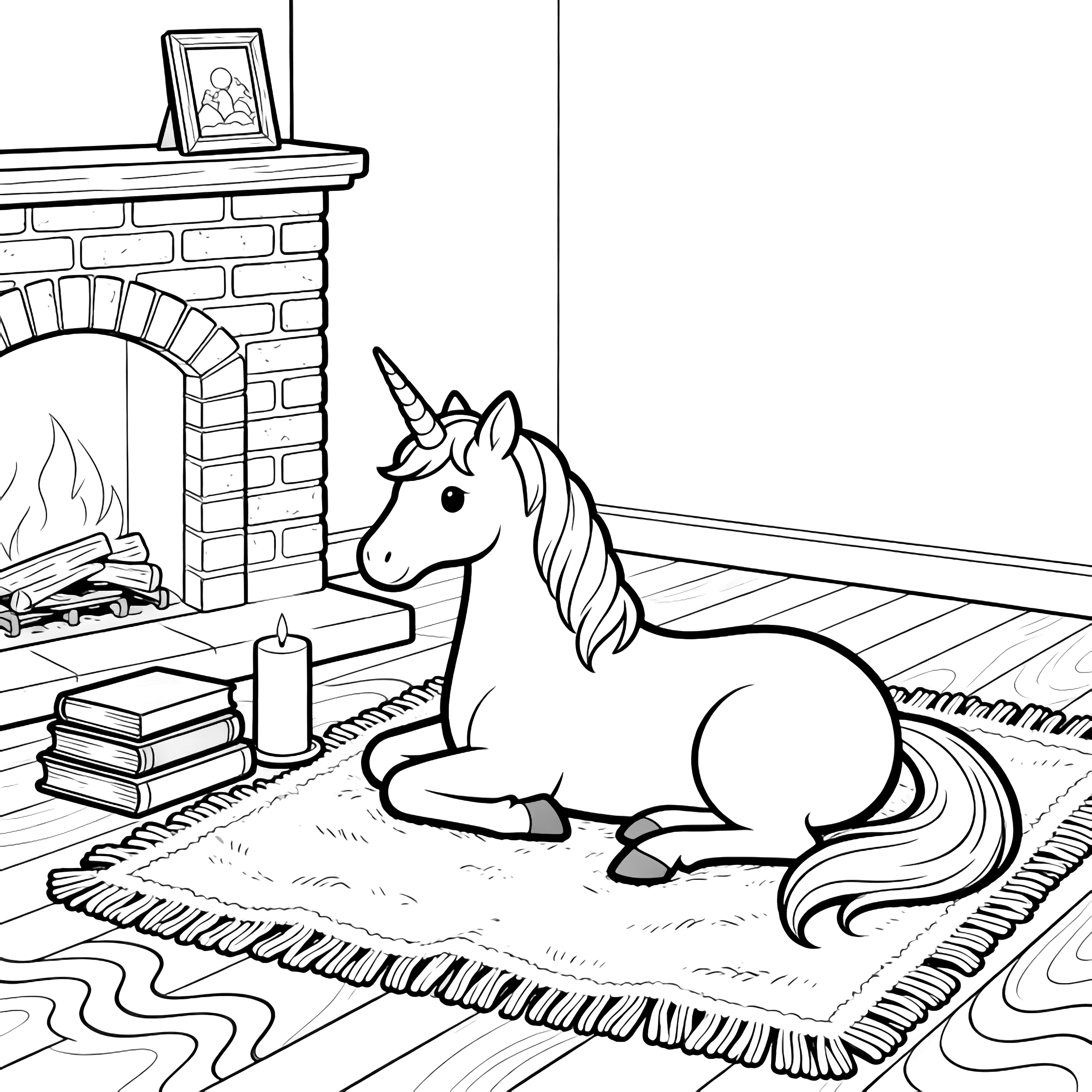 Unicorn relaxes on a tasseled rug next to a brick fireplace, with stacked books, a tall candle, a picture frame on the mantel, wavy floorboards, and a bare wall. kleurplaat