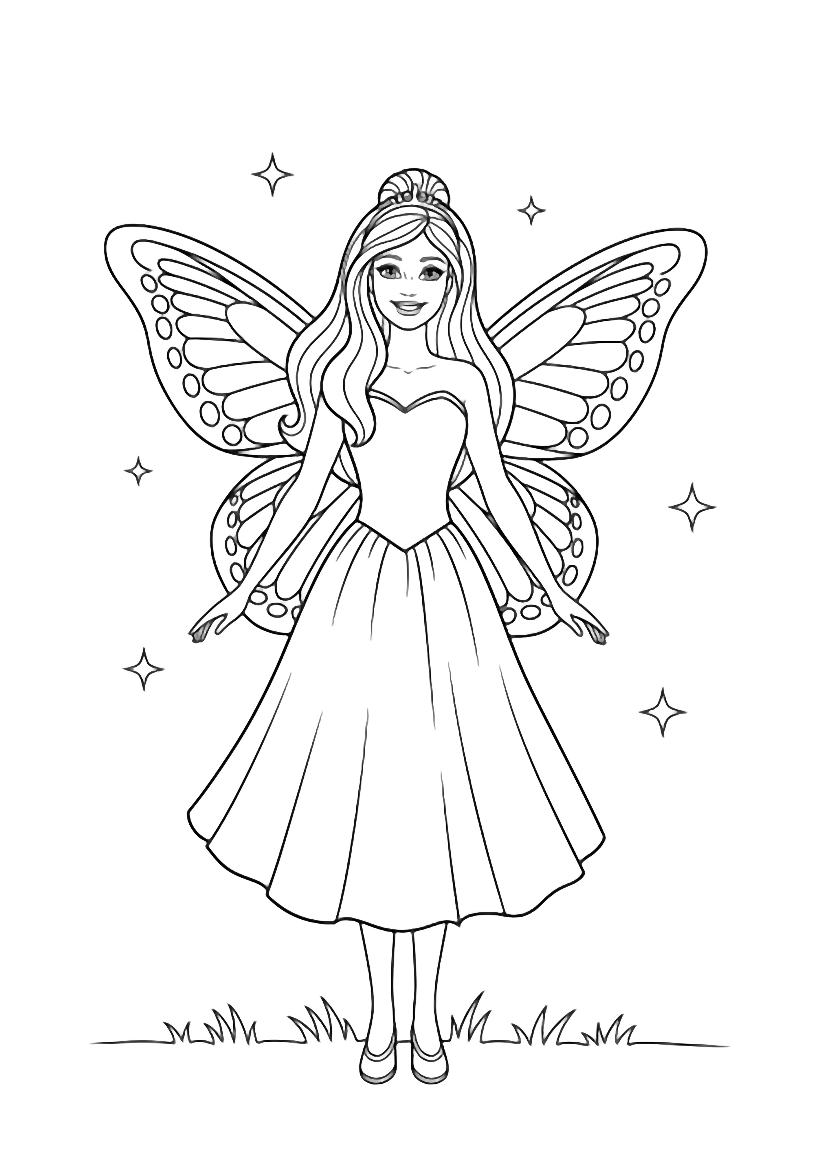 Barbie Fairy Princess with open butterfly wings, sparkles drifting above a simple grass line. kleurplaat