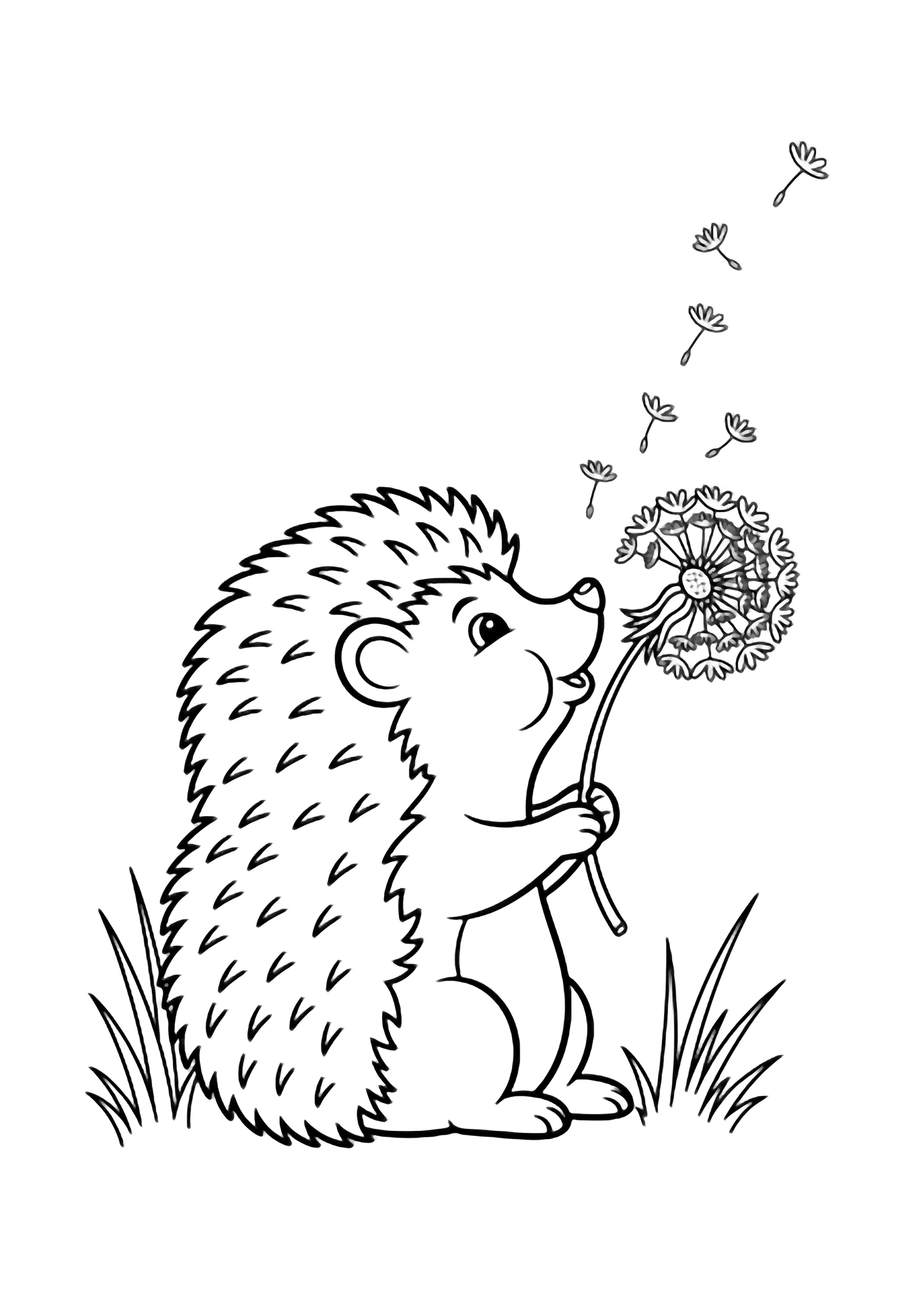 A cheerful hedgehog puffs at a dandelion, sending seeds drifting among tall grass. kleurplaat