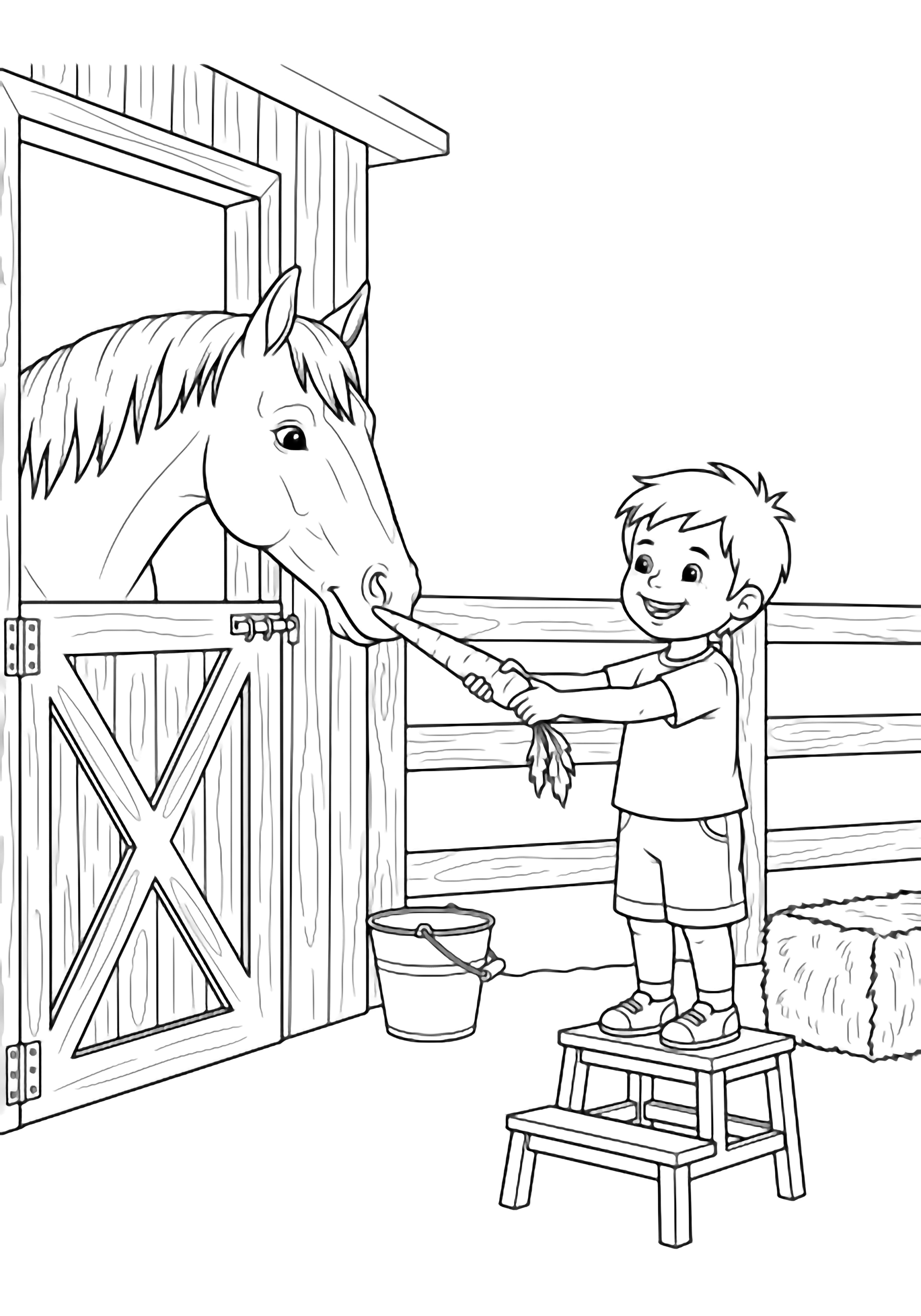 A smiling child on a stool offers a long carrot to a gentle horse leaning over a half-door; behind them, stable rails, a bucket, and a hay bale complete the scene. kleurplaat