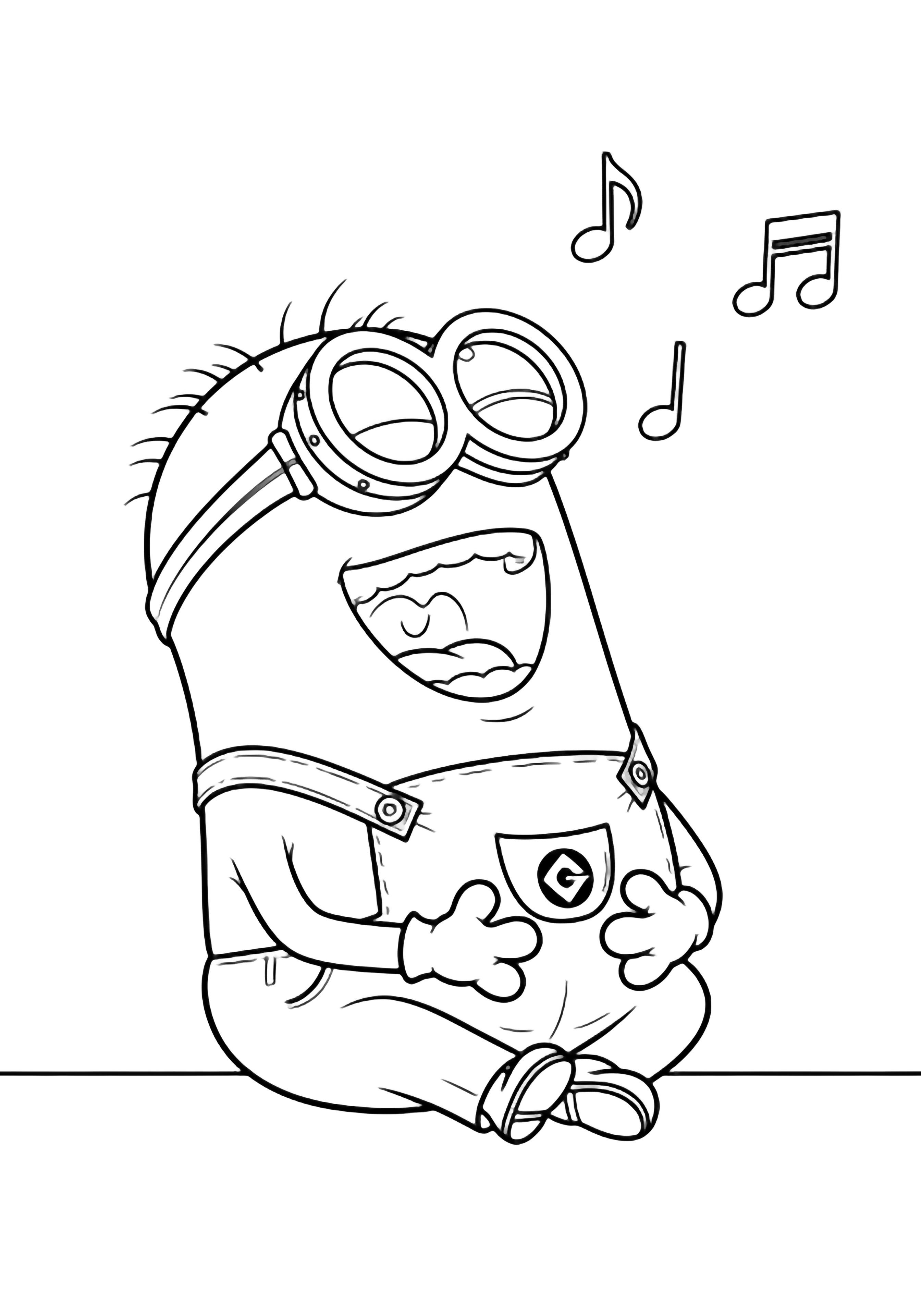 Een vrolijke Minion zit met gekruiste benen, het hoofd achterovergebogen in het lachen, met zijn buik vasthoudend, terwijl er muzieknoten boven een simpele vloerlijn zweven. kleurplaat