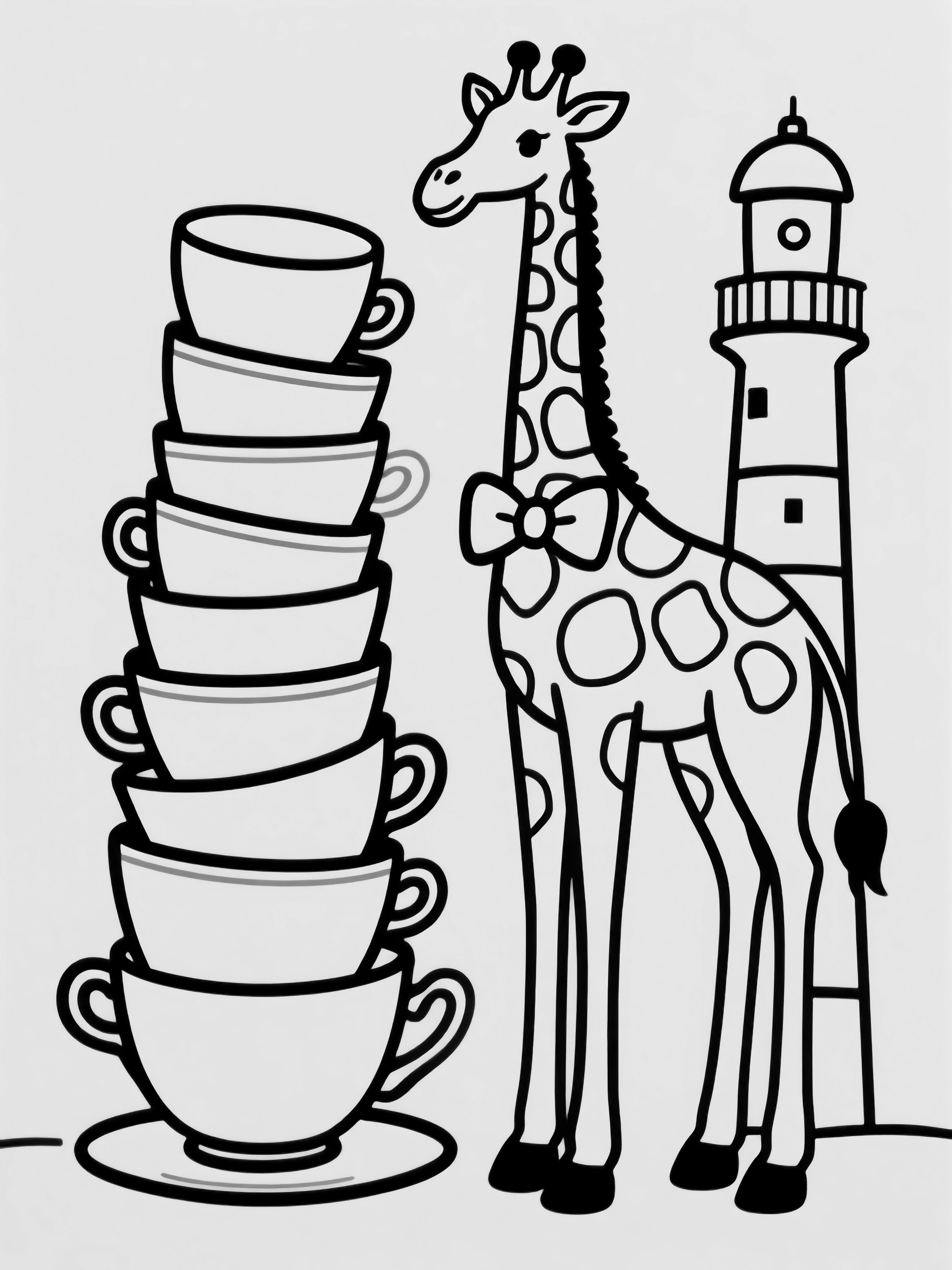 illustration on a A towering stack of teacups a lanky giraffe wearing a bow tie and a super slim lighthouse stand side by side on a blank plain each outlined in bold black lines ready for fun clean black NO fills NO grayscale NO shading NO cross hatching NO solid areas kleurplaat