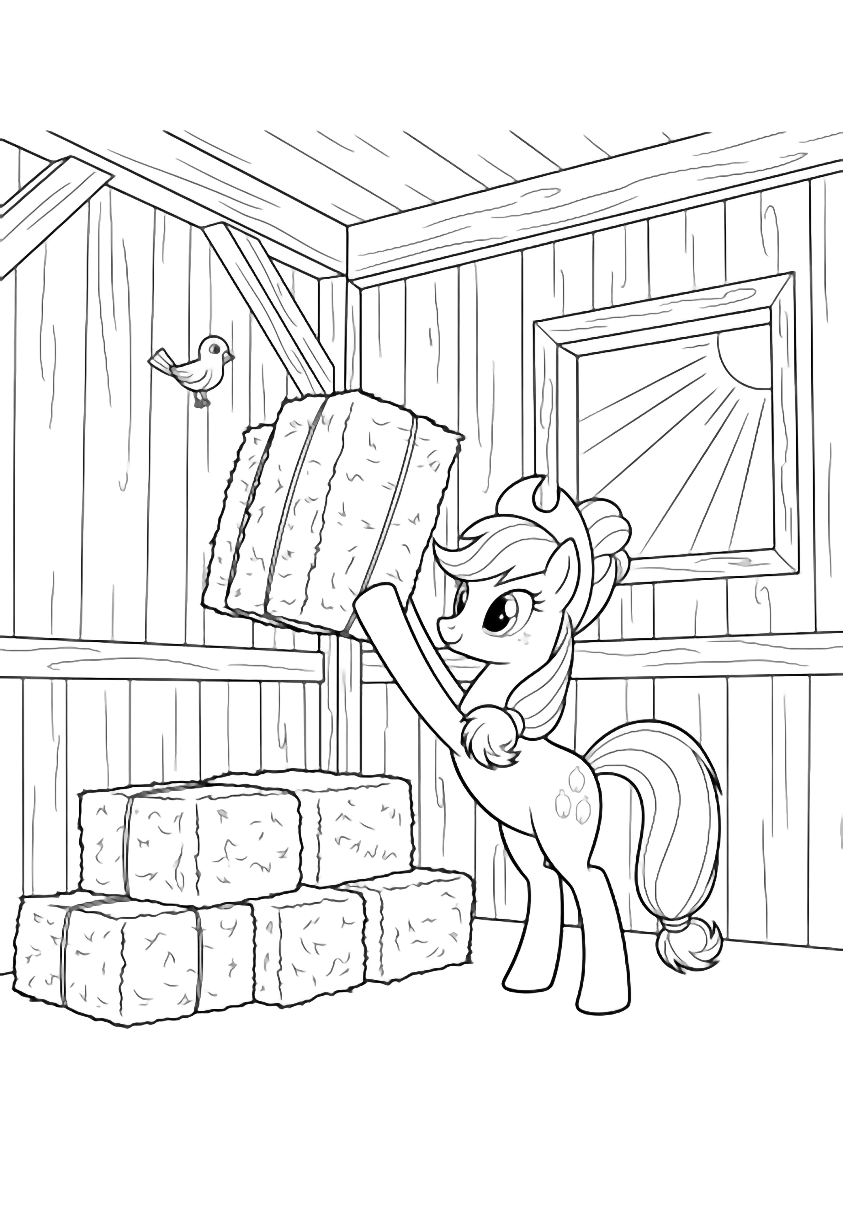 Applejack the pony stands on a hay bale in a barn, stacking another bale while a small bird watches from a beam and sunbeams stream through an open window. kleurplaat