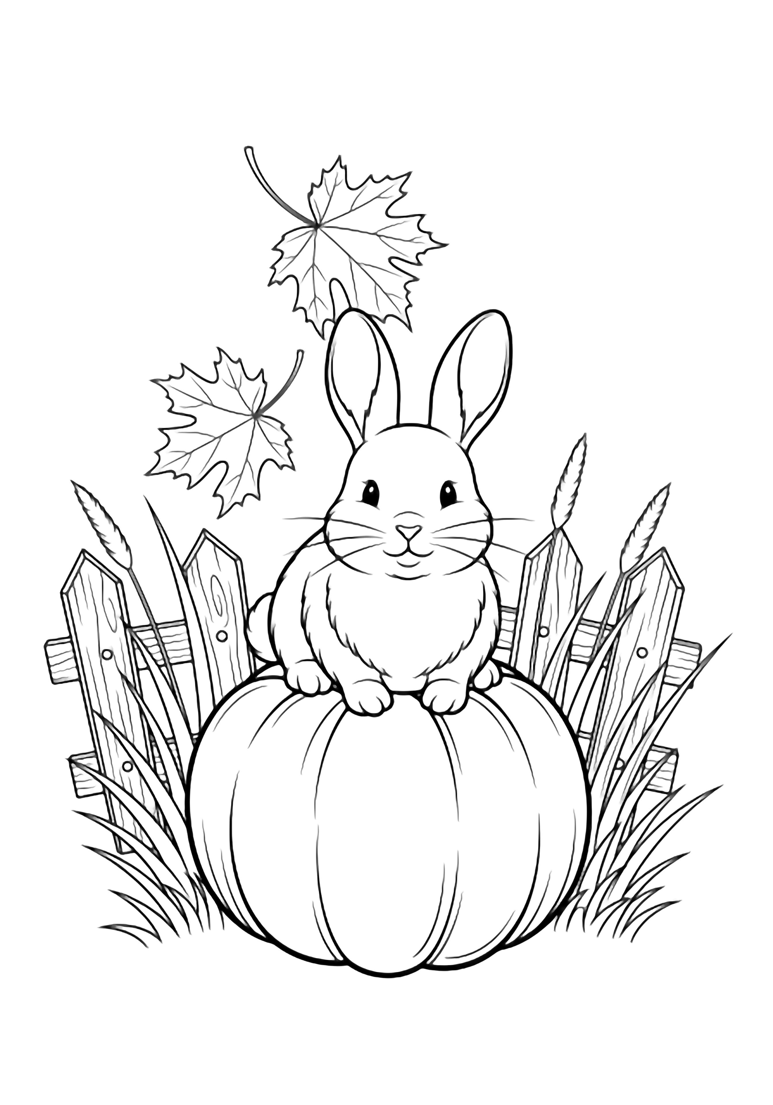 Plump rabbit perched on round pumpkin, maple leaves drifting, tall grass and picket fence nearby. kleurplaat