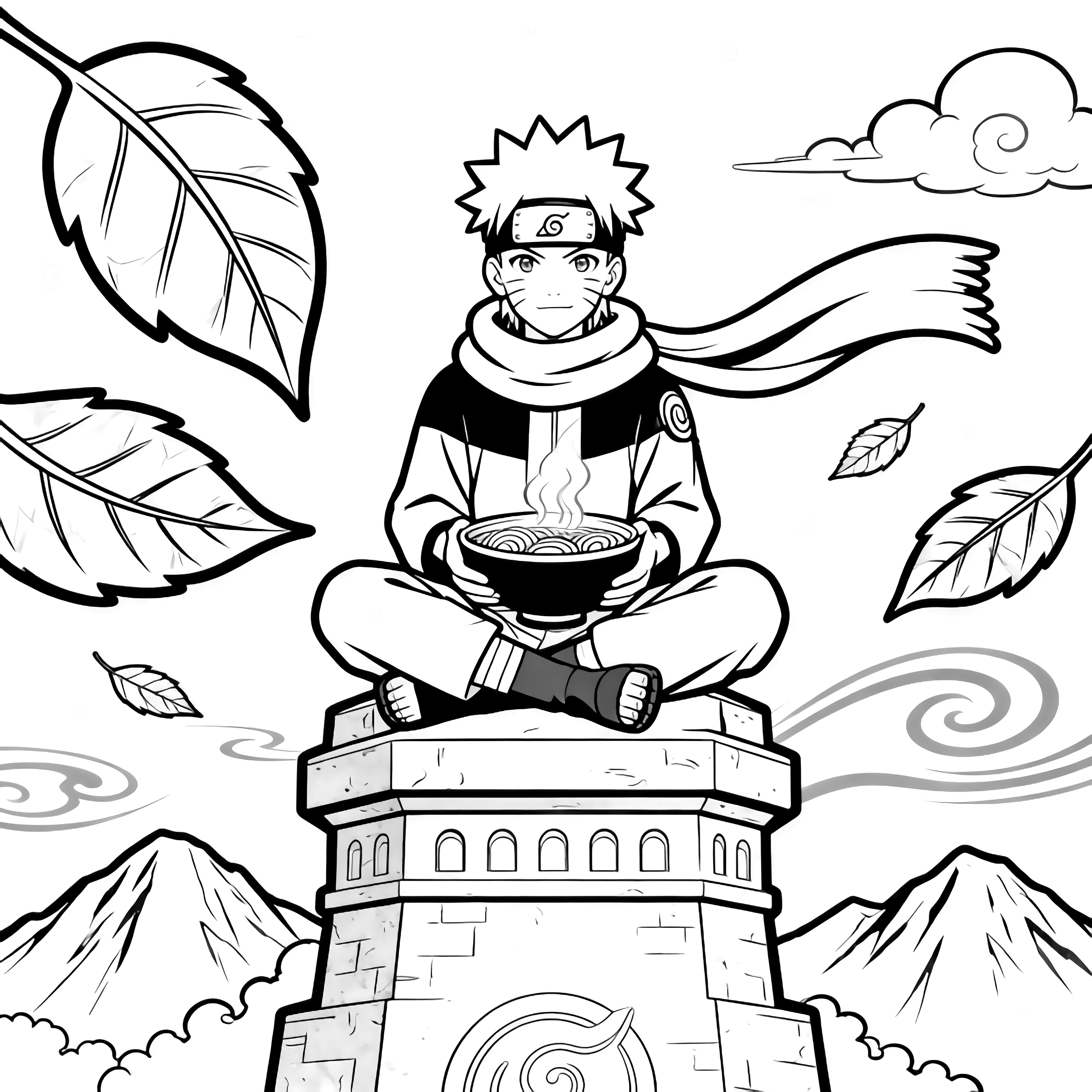 Naruto sits cross-legged on the Hokage monument, steadying a steaming ramen bowl while his scarf and autumn leaves flutter in the wind, clouds and mountain ridges behind him. kleurplaat