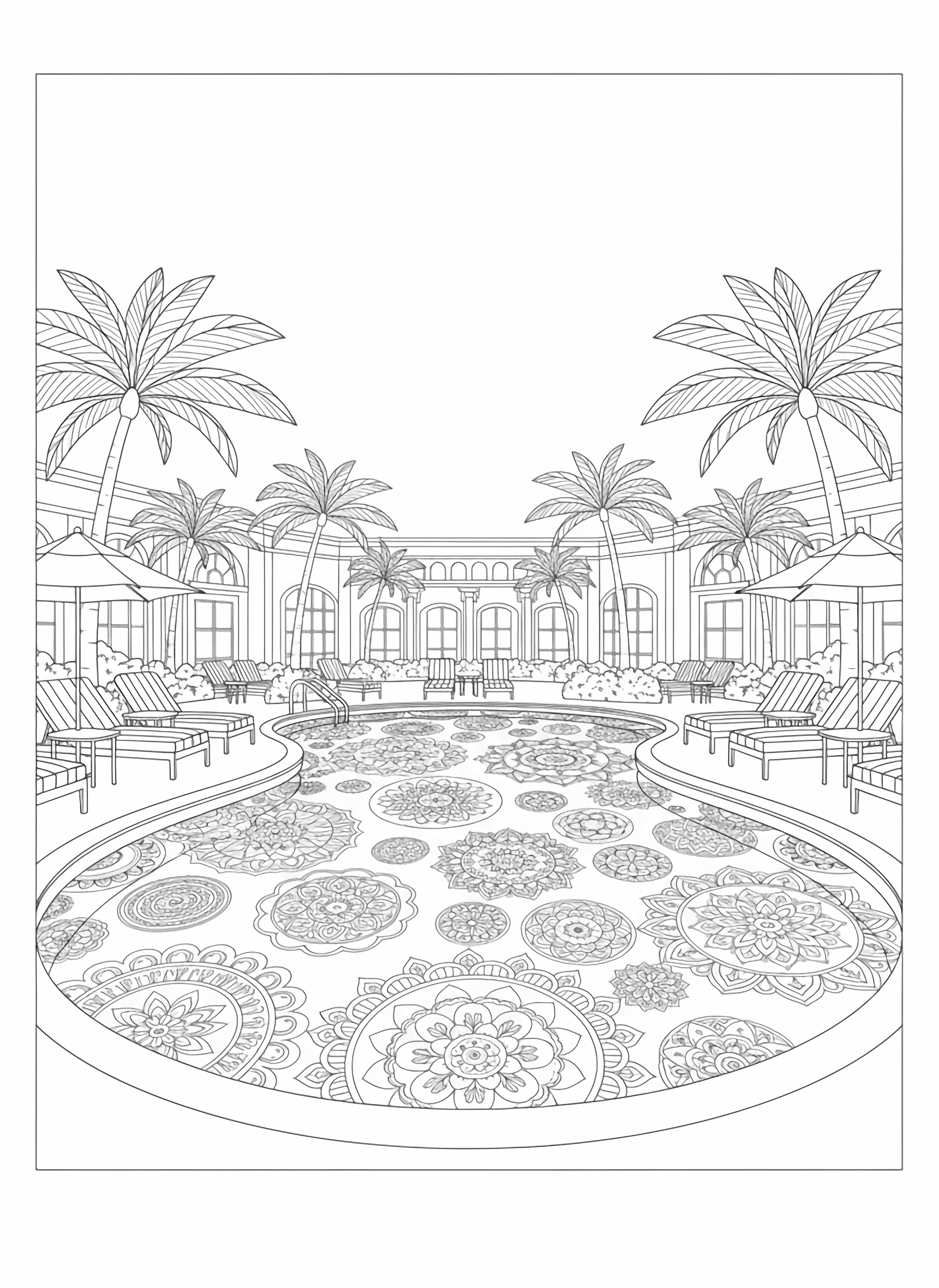 Een zwart-witte pagina van een luxe hotelzwembad met mandala-achtige waterpatronen. Het zwembad is omgeven door elegante ligstoelen met gestreepte kussens en palmbomen wiegen zachtjes op de achtergrond. Het wateroppervlak toont ingewikkelde mandala-ontwerpen die lijken te drijven en te draaien, uitnodigend tot creativiteit. In de verte de schone zwart-witte lijntekening, minimale schaduw, geen kleur, geen vulling. kleurplaat